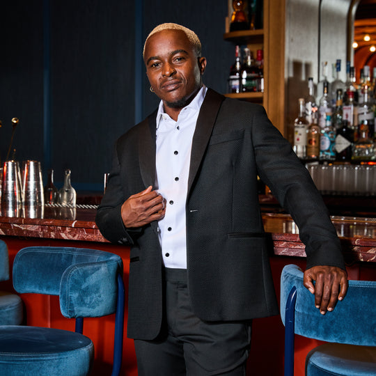 Trans man model in Kirrin Finch Textured Tuxedo Blazer