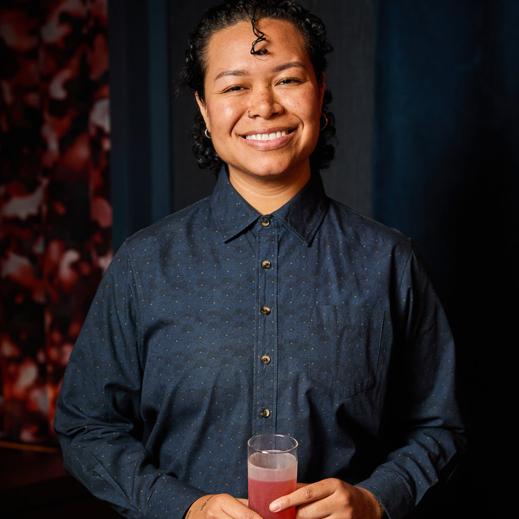 Model wearing Blue Hexagon Point Collar Shirt made by Kirrin Finch