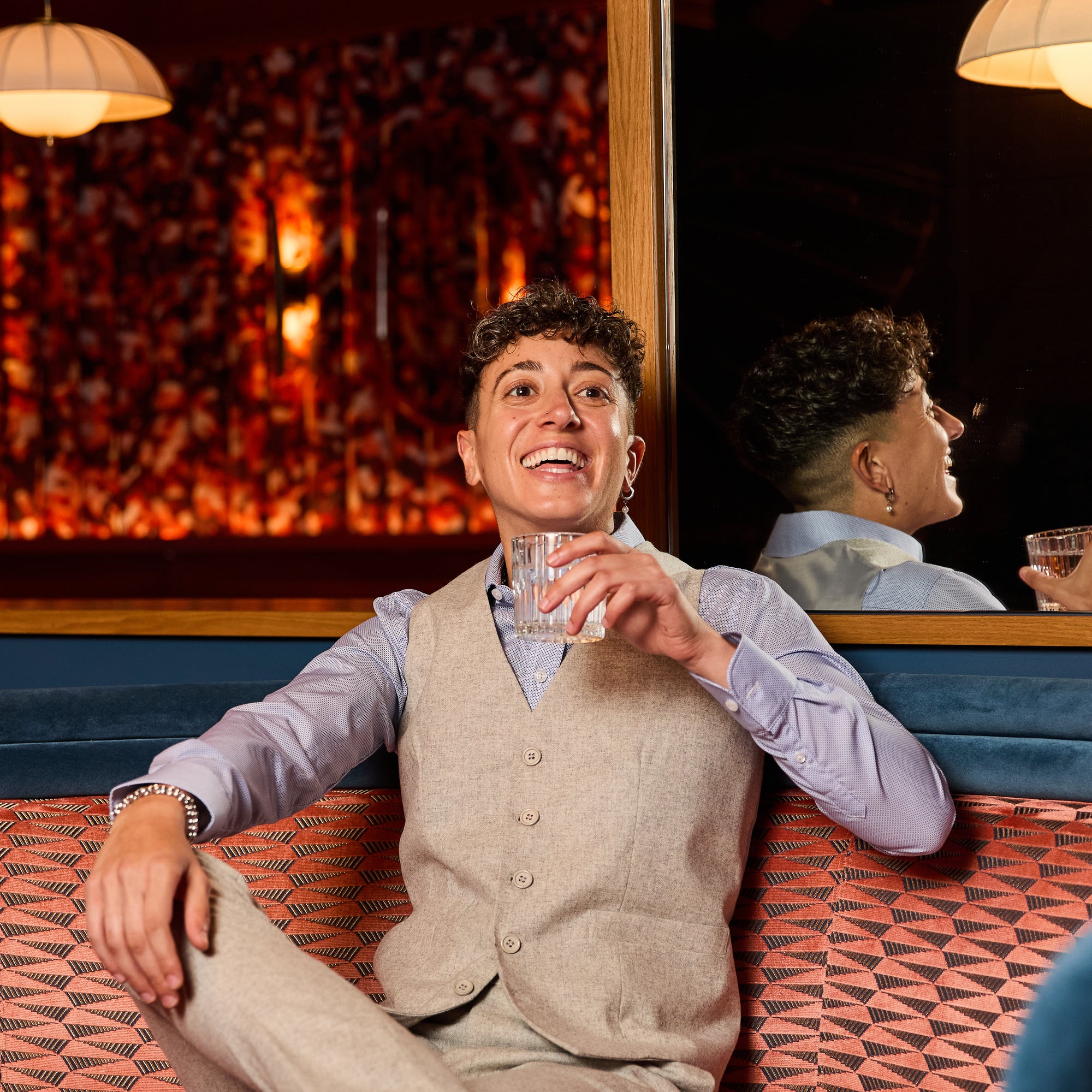 Model wearing The Finch Heather Gray Flannel Vest made by Kirrin Finch