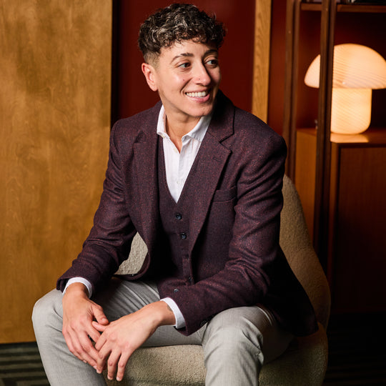 Masc model in The Finch Mulberry Twill Blazer and Vest