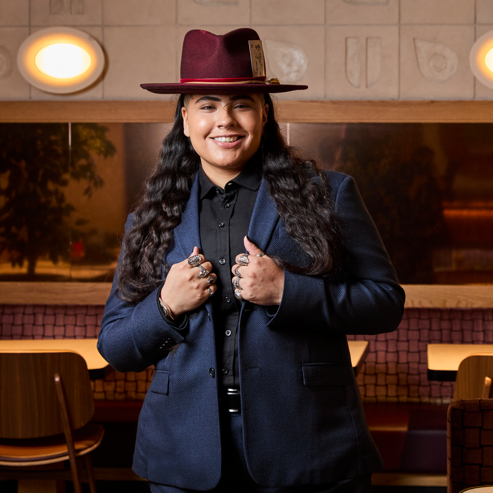 Androgynous textured navy blue blazer made by Kirrin Finch.  Color: Navy Textured