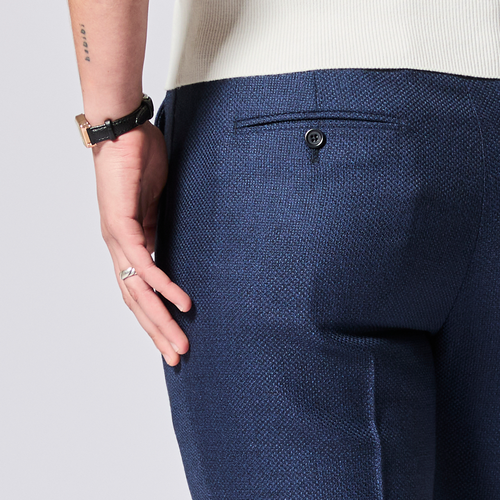 Navy blue textured pants made for women, trans, masc and non-binary folk. Color: Navy Textured