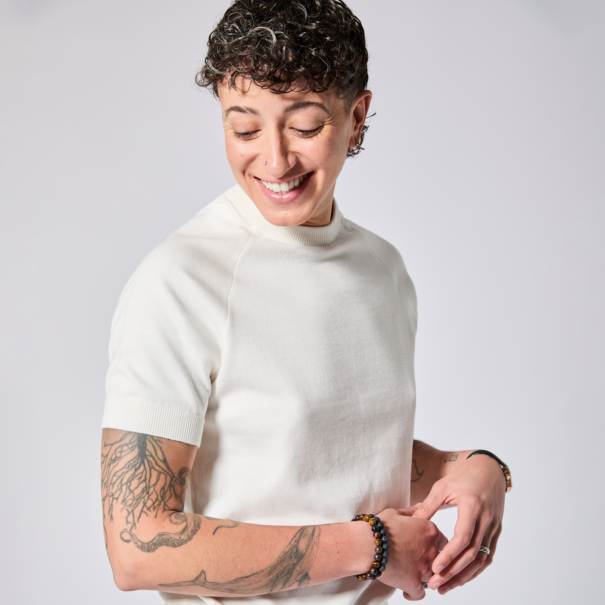 Ivory cotton knit crewneck shirt made by Kirrin Finch. Color: Ivory