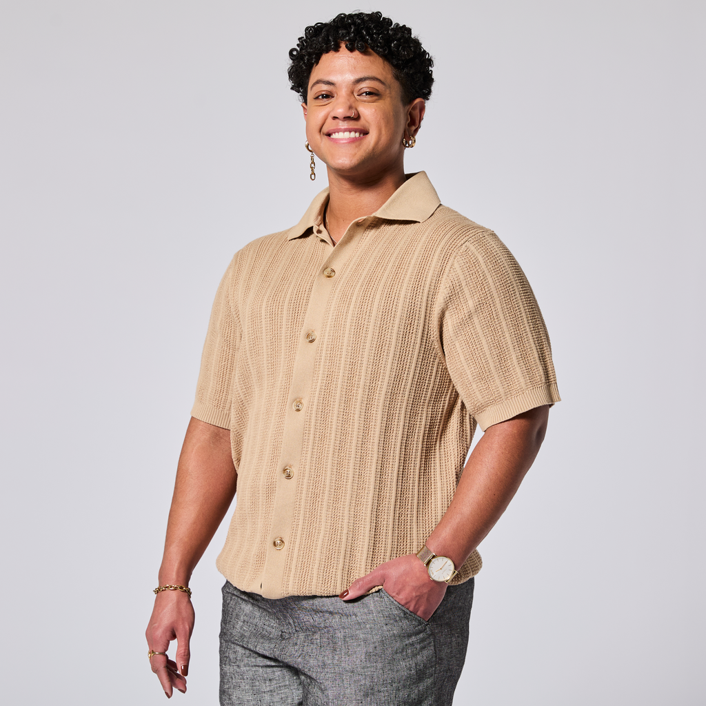 Model wearing a beige textured shirt with a plain background. Color: Camel
