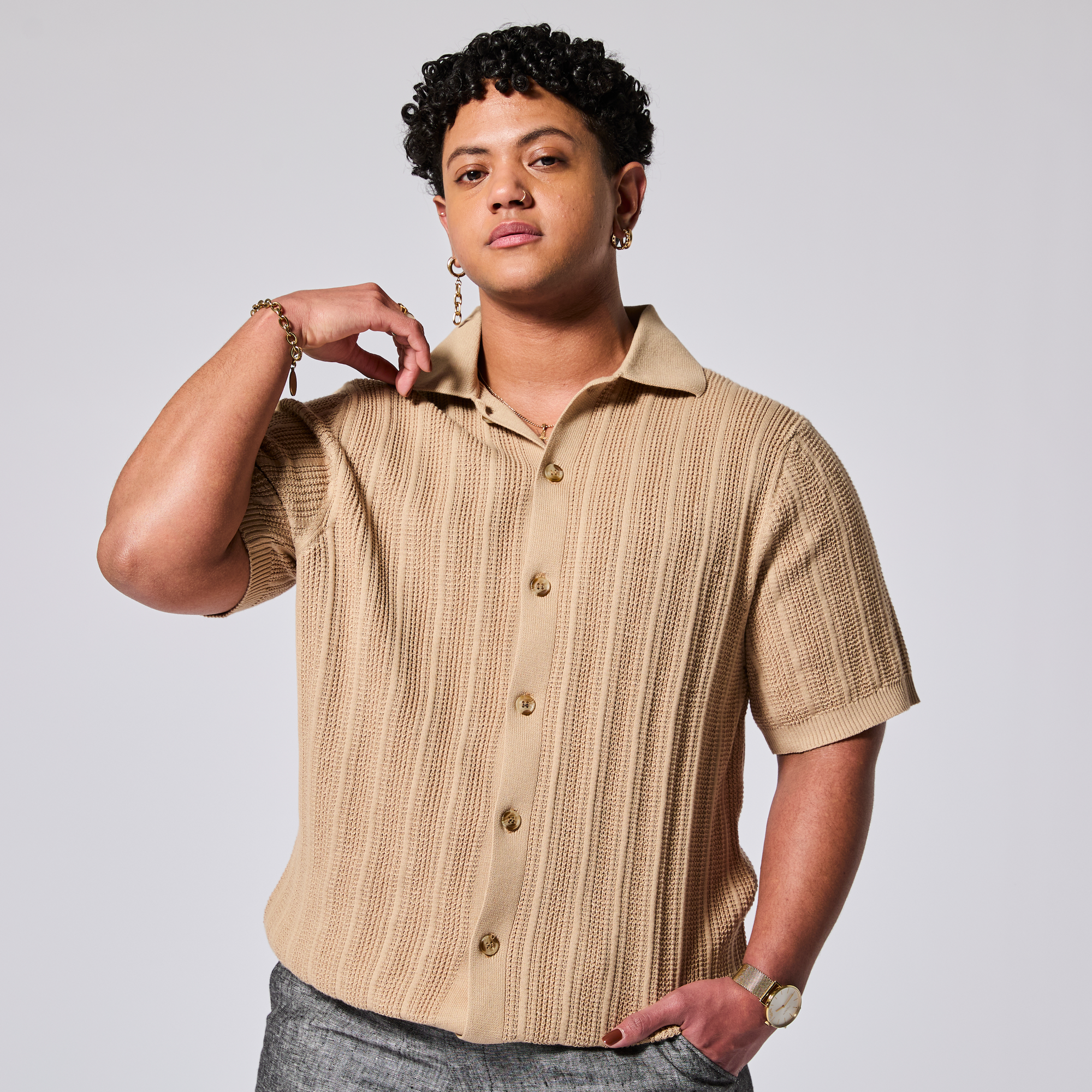 Beige cardigan made for women, trans, masc and non-binary folks.  Color: Camel