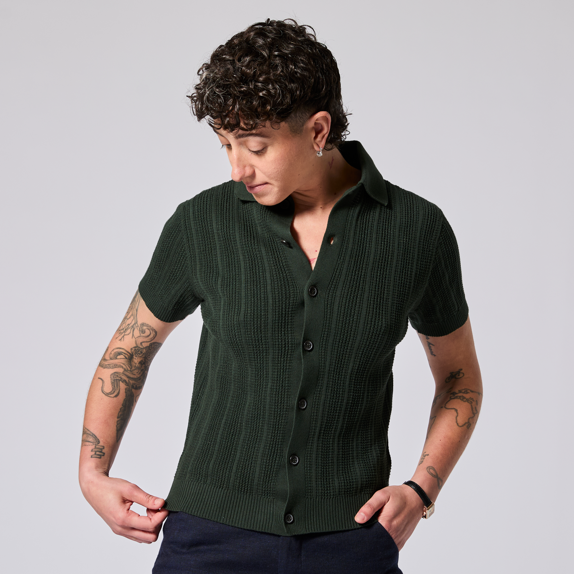 Womens short sleeve green cardigan. Color: Evergreen