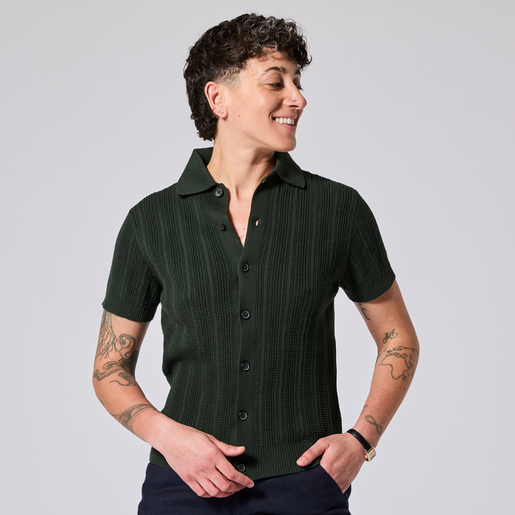 Dark green cardigan made for women, trans, masc and non-binary folks.  Color: Evergreen