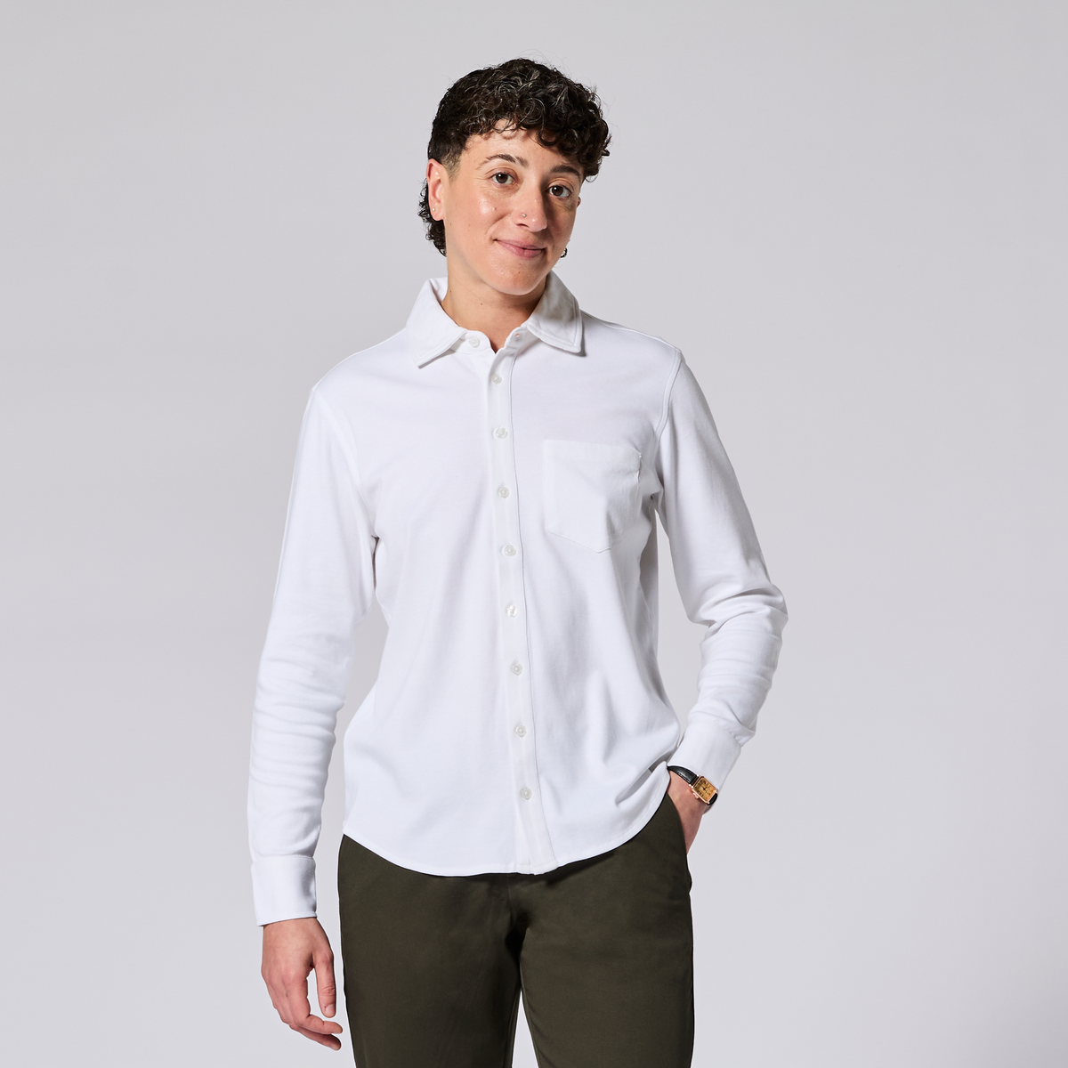 Androgynous white double jersey shirt made by Kirrin Finch. Color: White