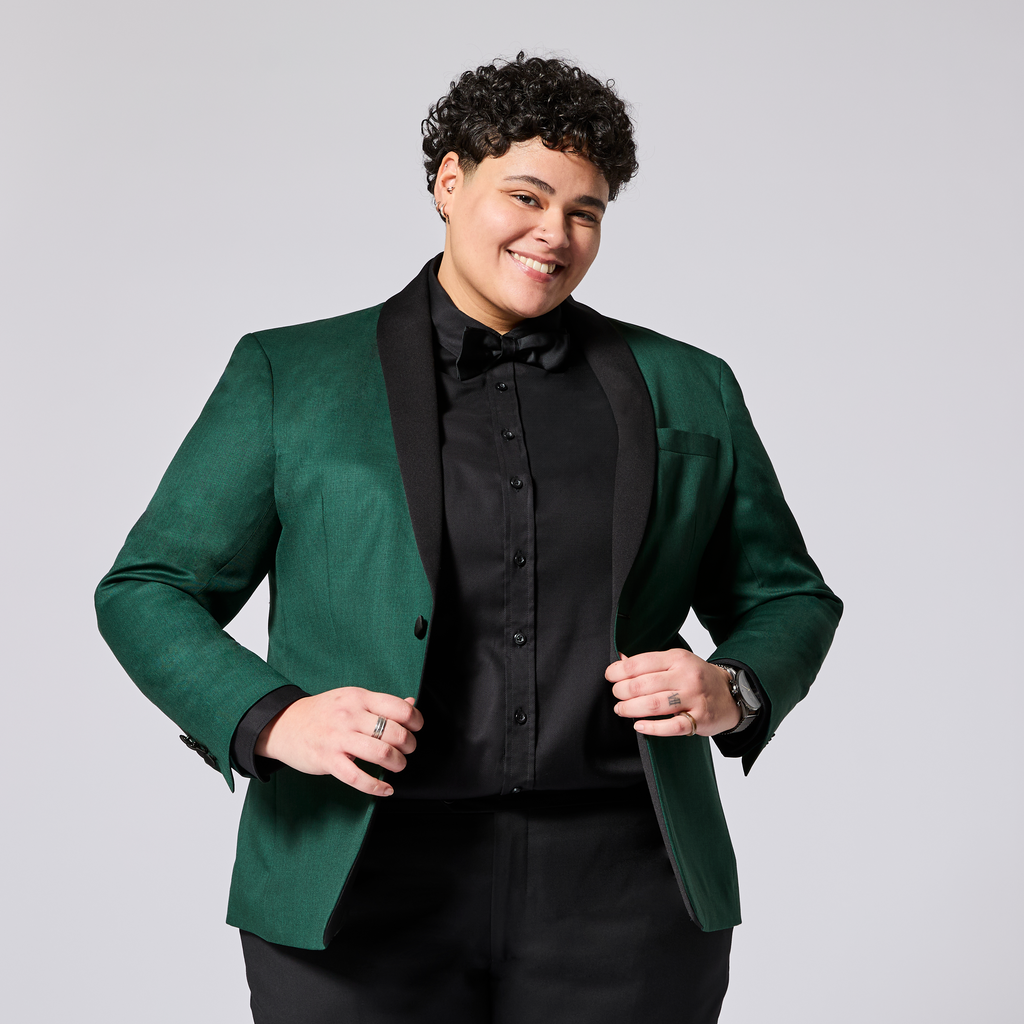 Emerald tuxedo blazer made for women, trans, masc and non-binary folk. Color: Emerald