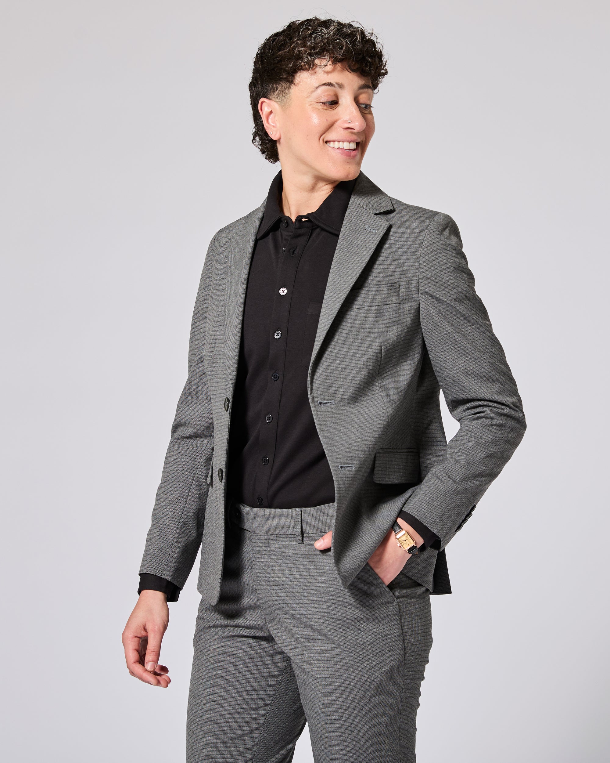 Model wearing Gray suit on a white background. Color: Gray Lattice