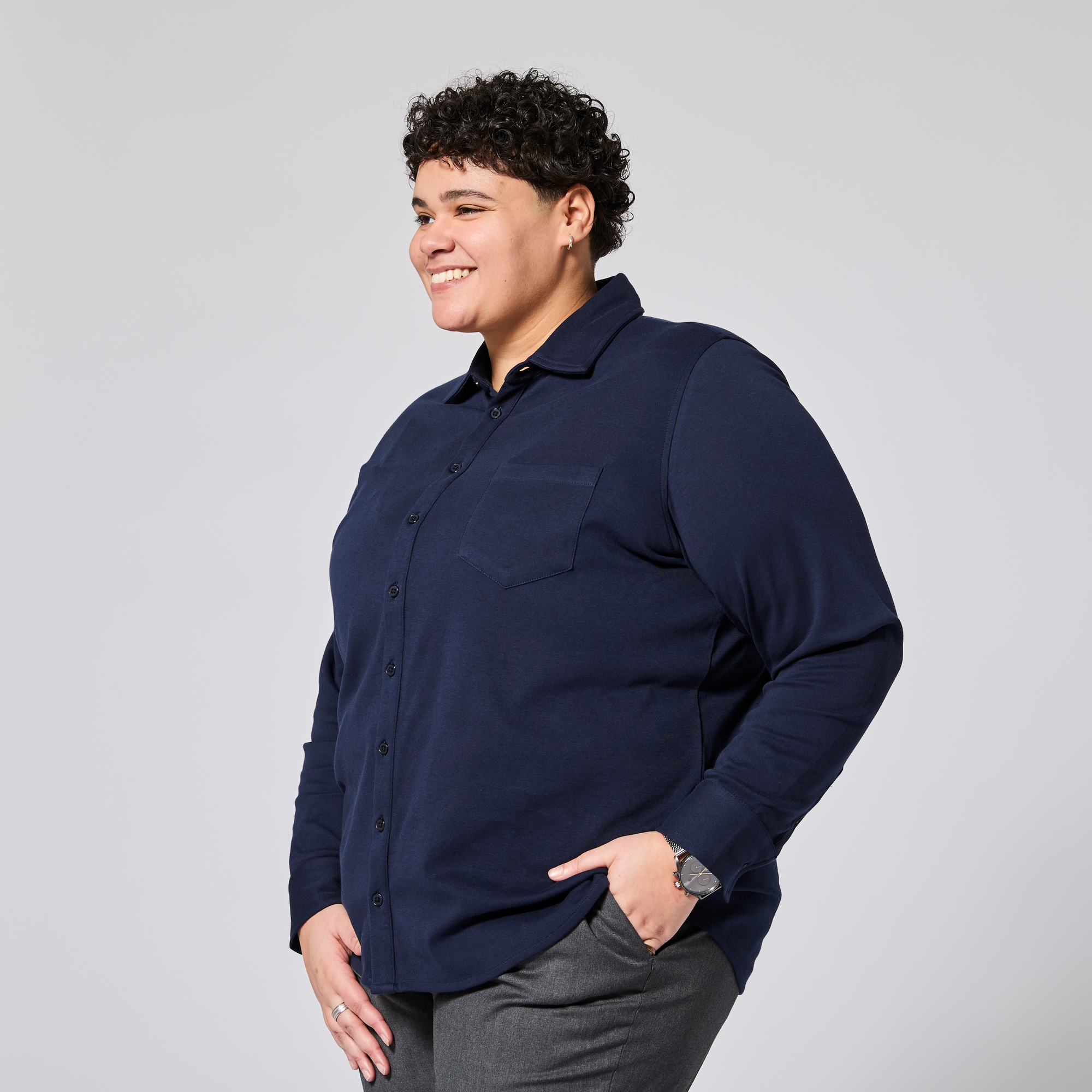 Long sleeve navy shirt made for woman, trans, masc and non-binary folk.  Color: Navy