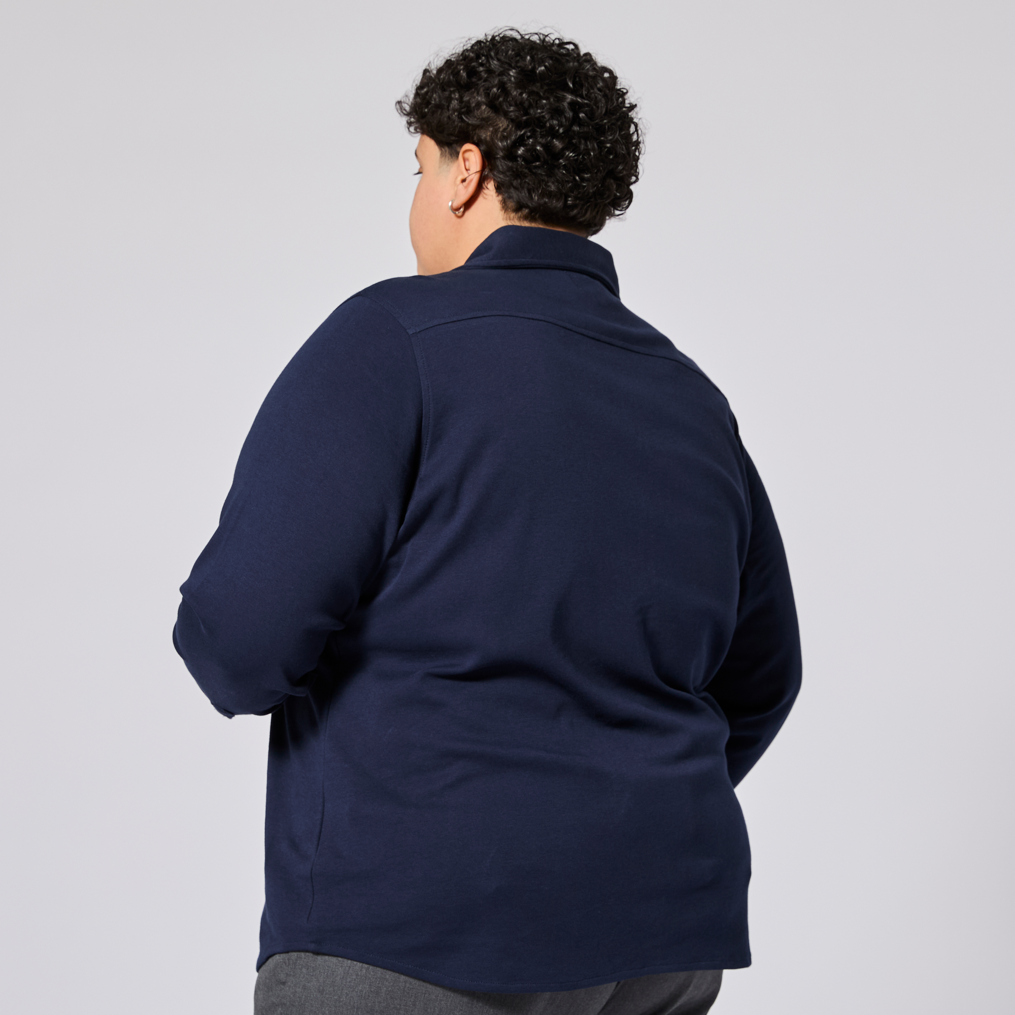 Androgynous navy double jersey shirt made by Kirrin Finch. Color: Navy