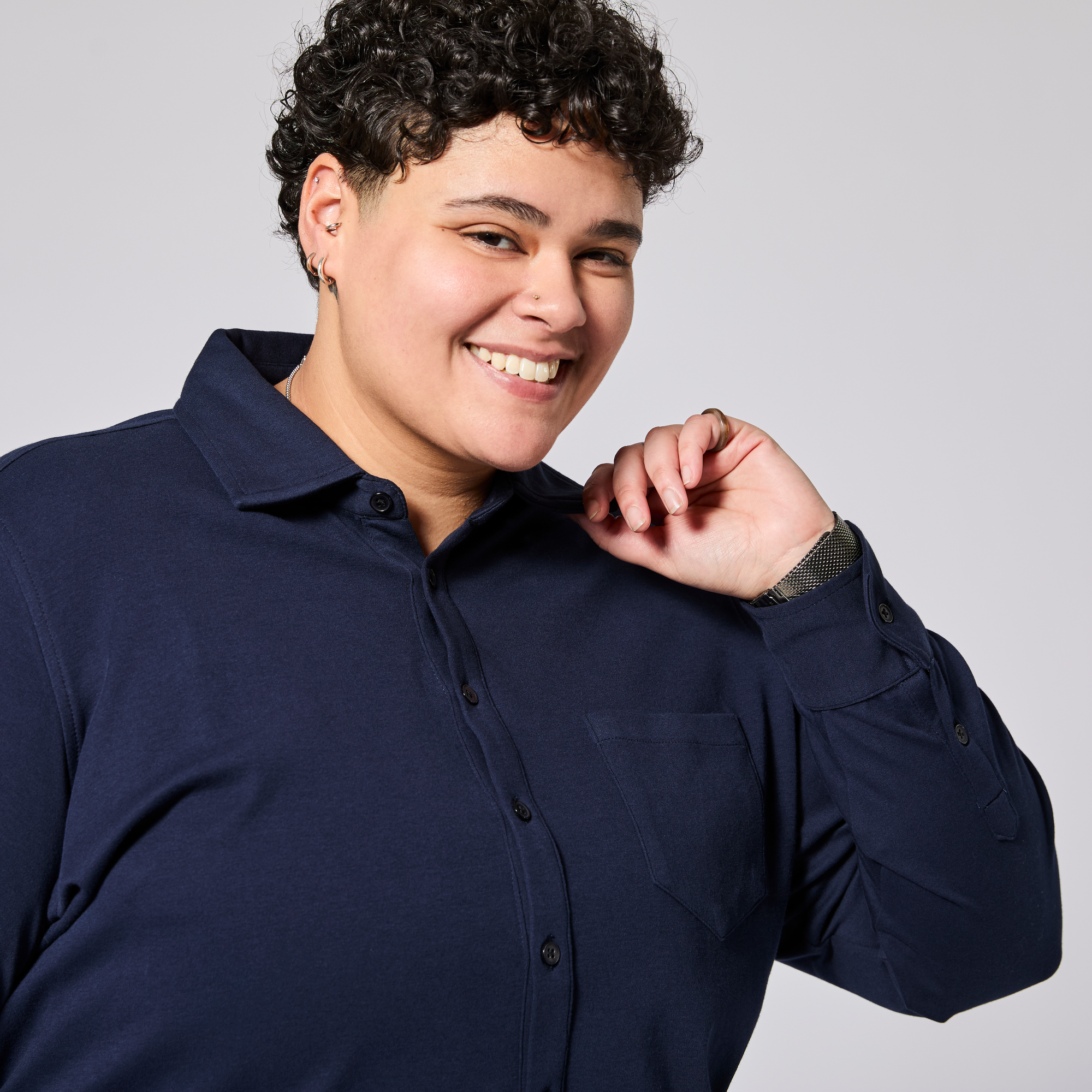 Womens Navy blue long sleeve shirt made by Kirrin Finch. Color: Navy