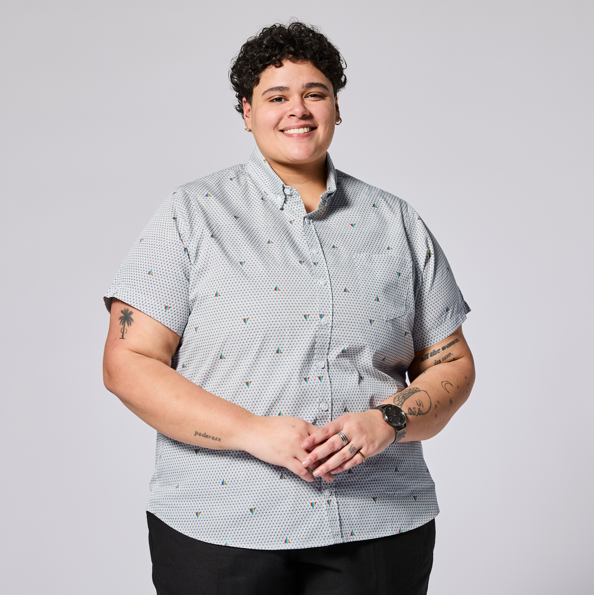 Pride prism Ray shirt made for women, trans, masc and non-binary folk.  Color: Pride Prism