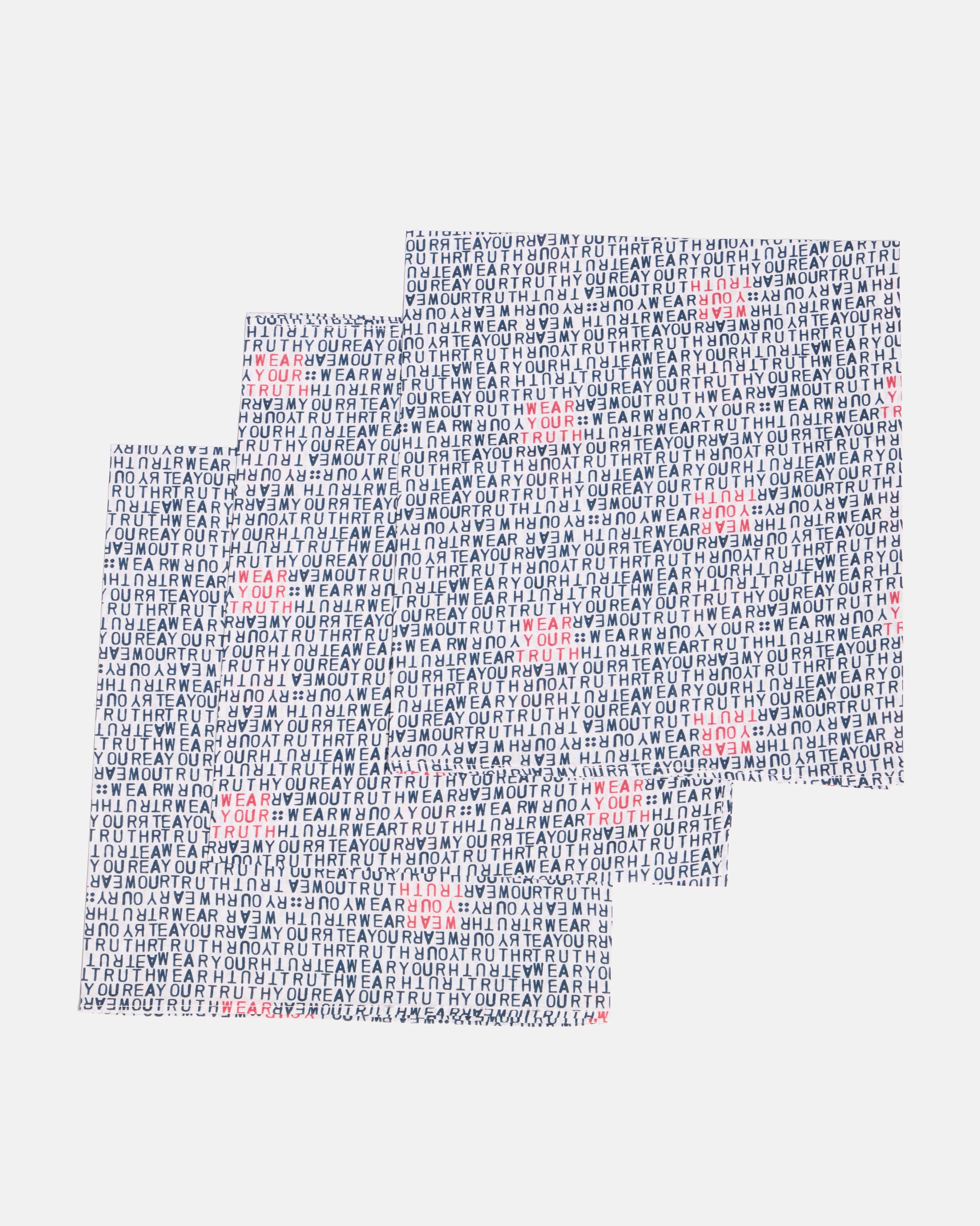 Set of overlapping white text print bandanas on a white background.
