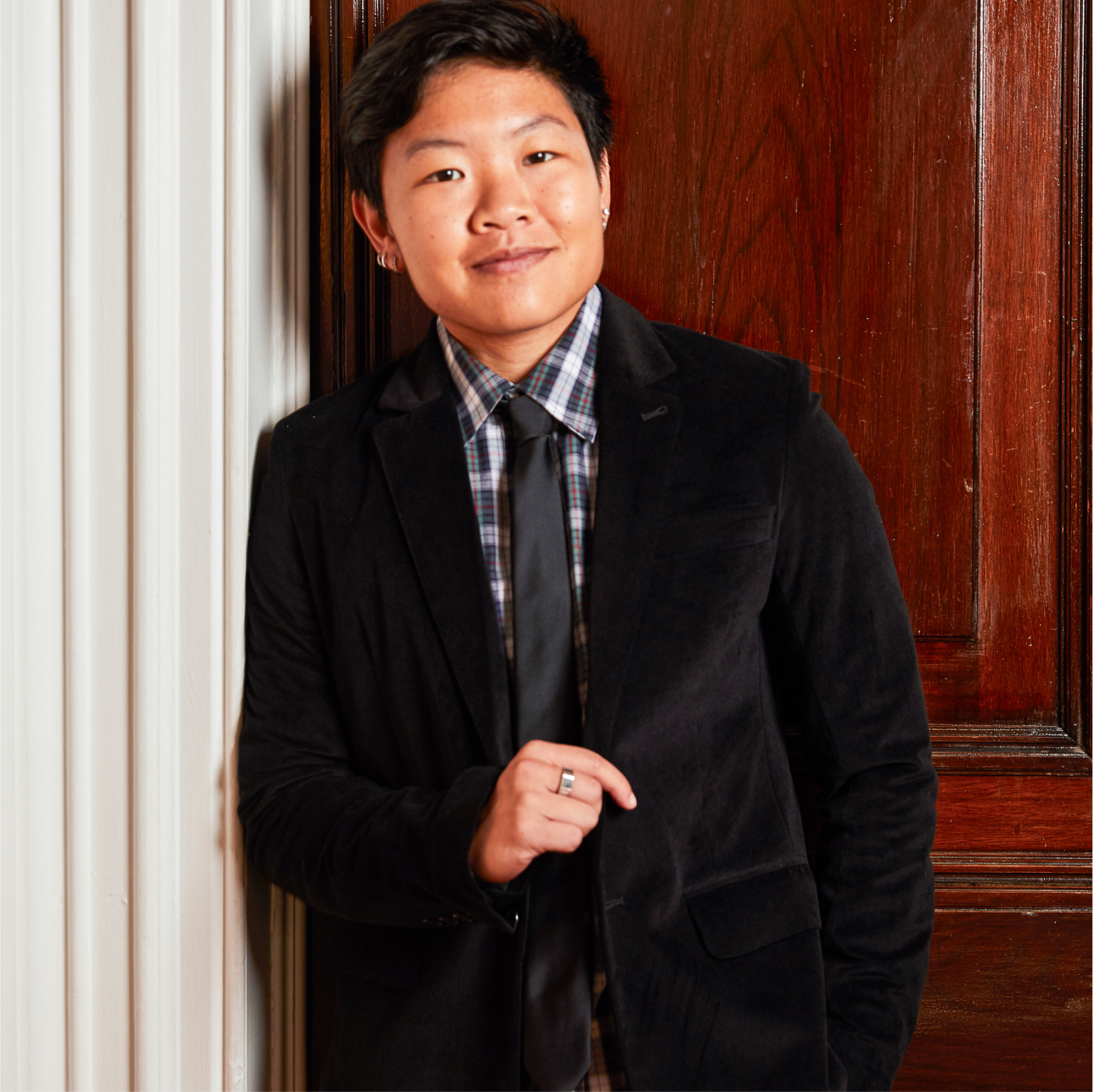 Androgynous Black Velvet Blazer pairs with black skinny tie