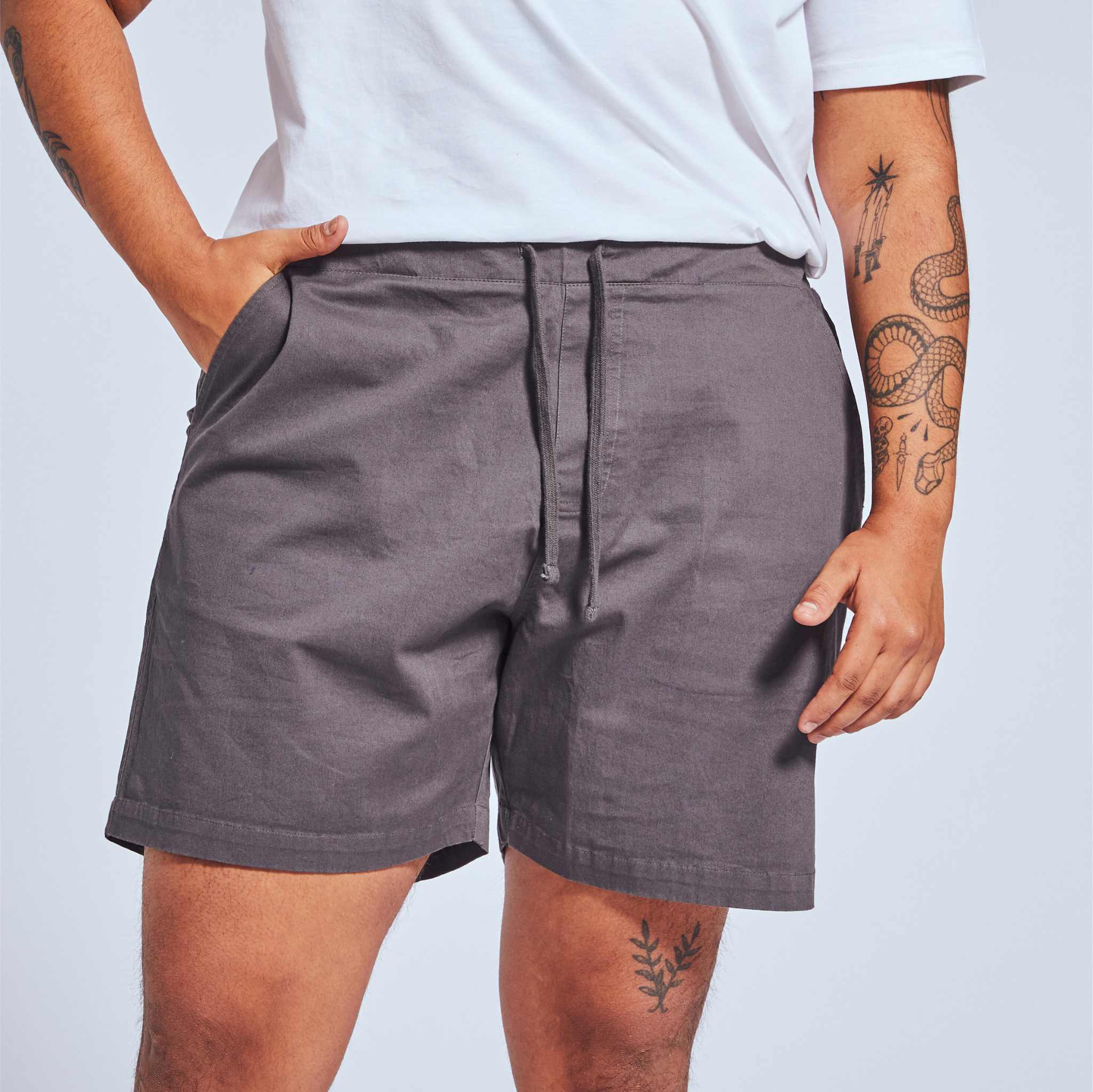 Gray Deep Pocket Shorts for Women with White T-Shirt