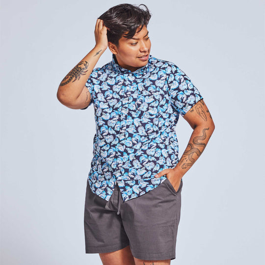 Gray drawstring shorts for women and non-binary folk with betta fish print shirt