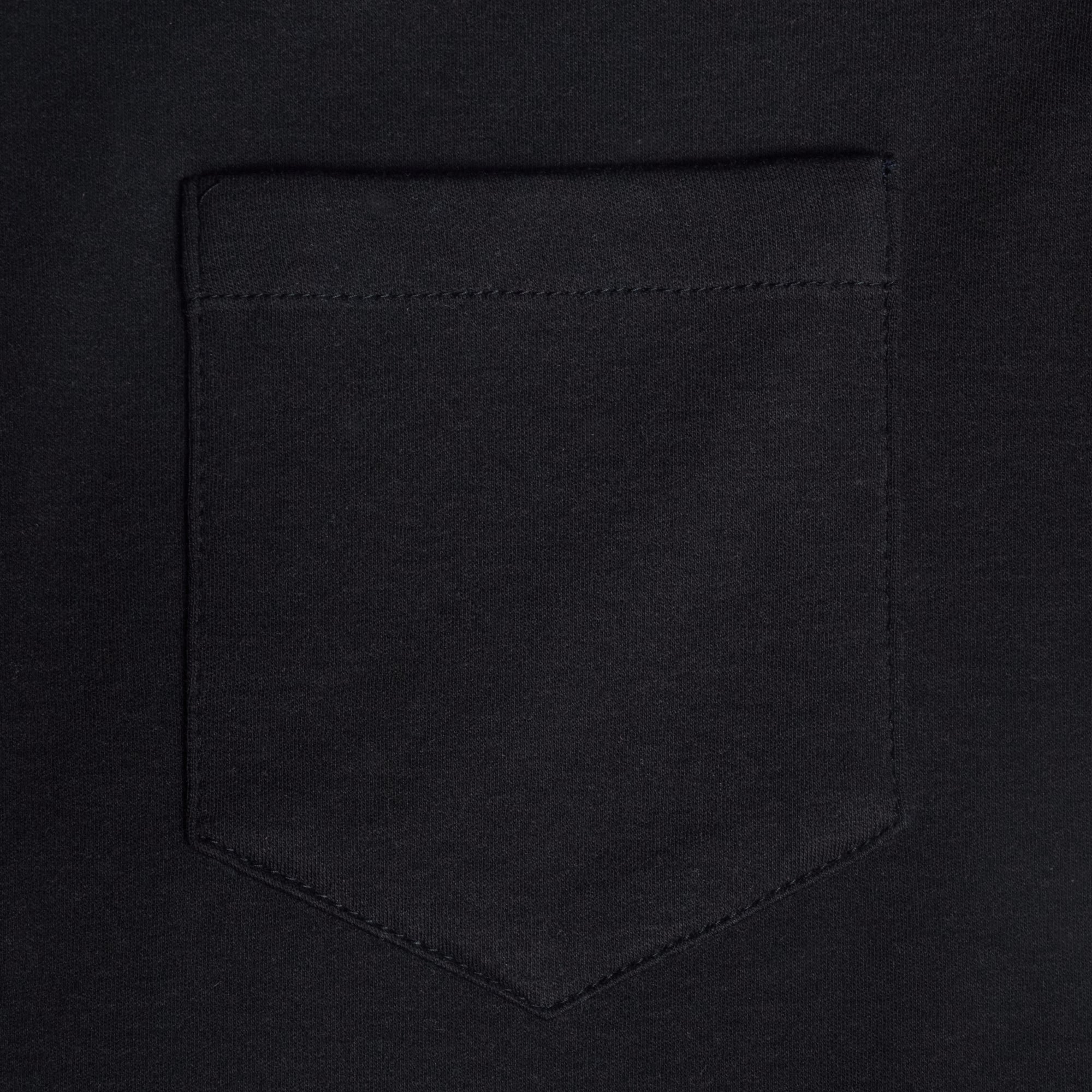 Close up of Double jersey shirt chest pocket. Color: Black