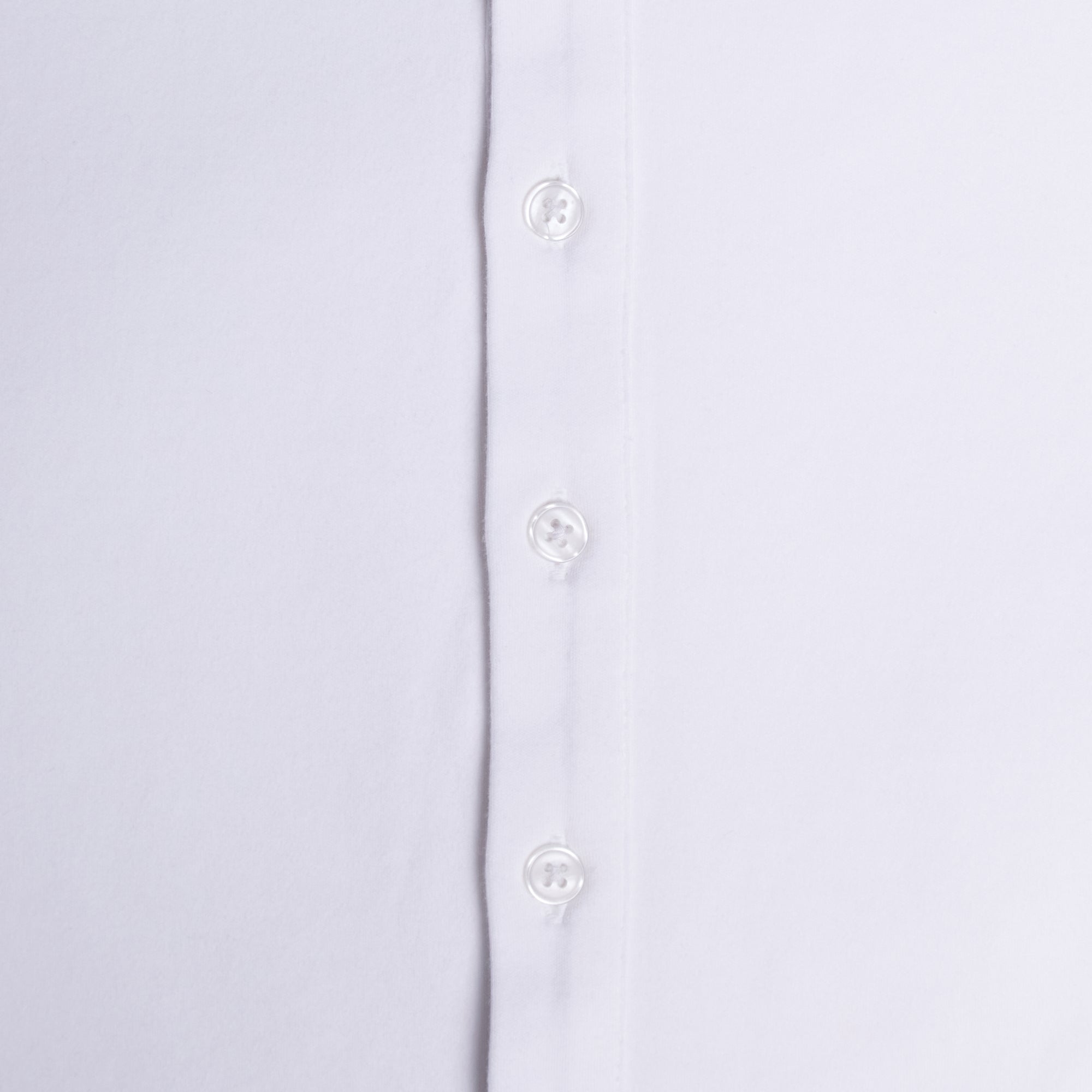 Close-up of a navy shirt with buttons on a plain background. Color: White