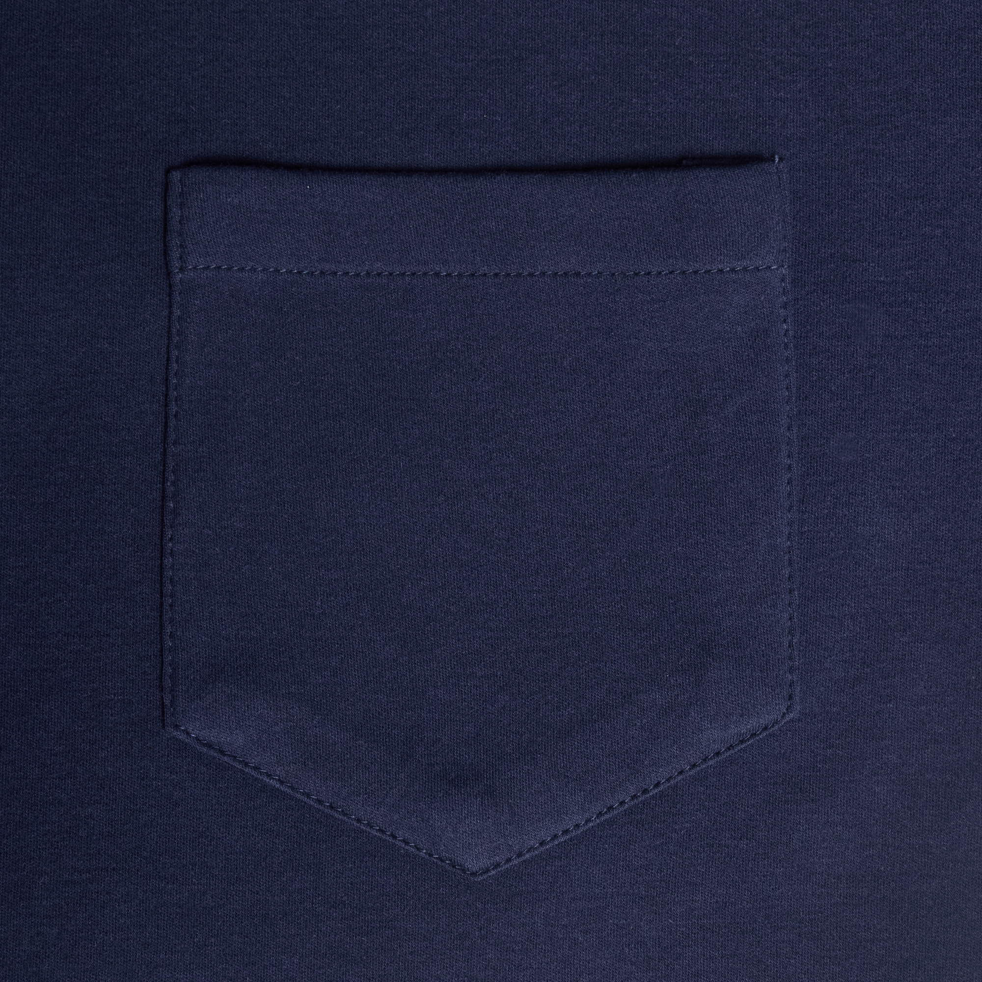 Close up of Double jersey shirt chest pocket. Color: Navy