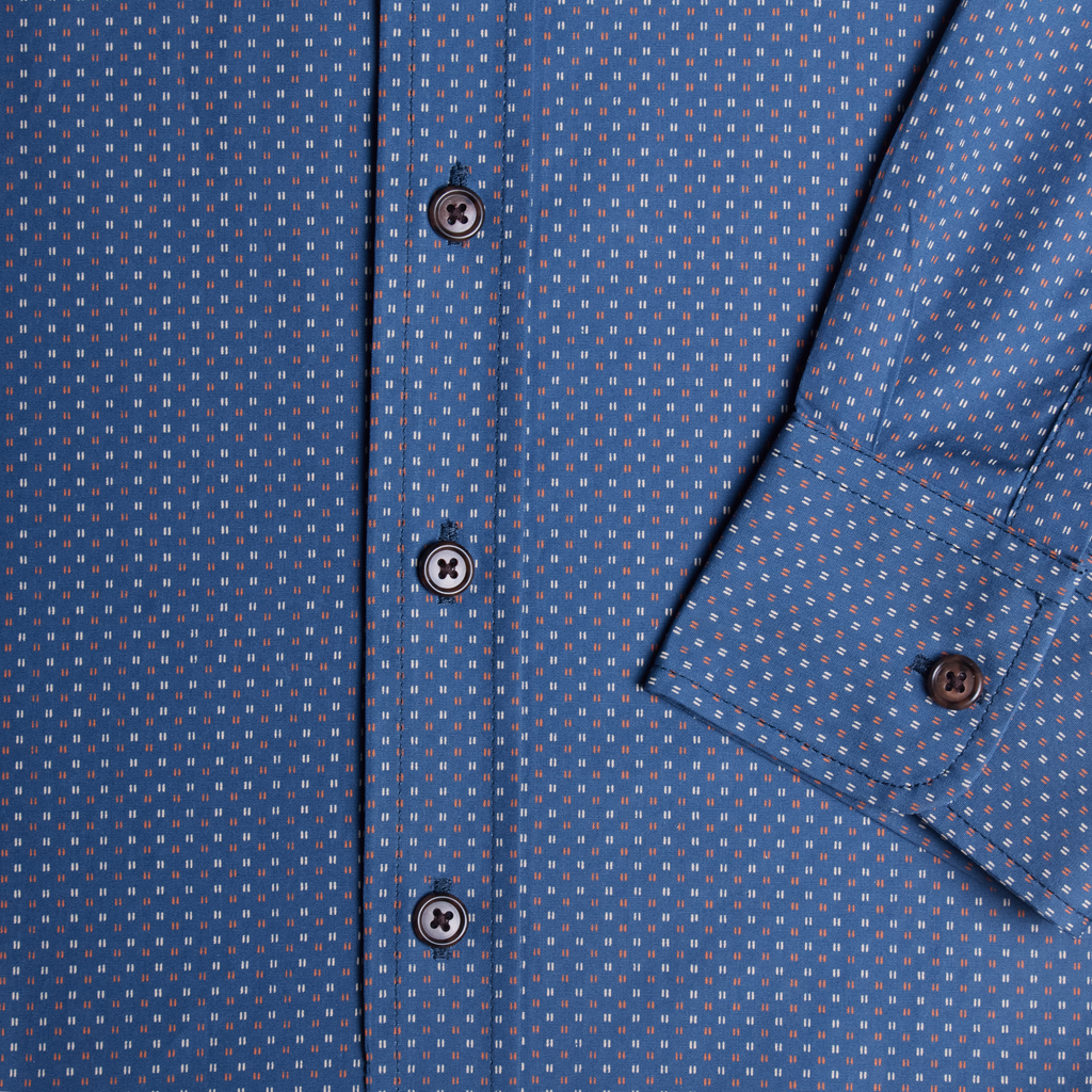 Androgynous blue patterned shirt with buttons and a collar. Color: Equali-Tally