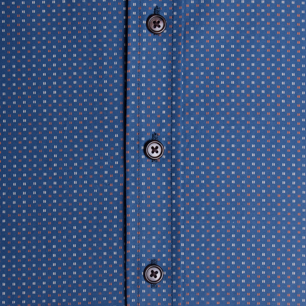 Close-up of a blue patterned shirt with buttons made for women, trans, masc and non-binary folk.  Color: Equali-Tally