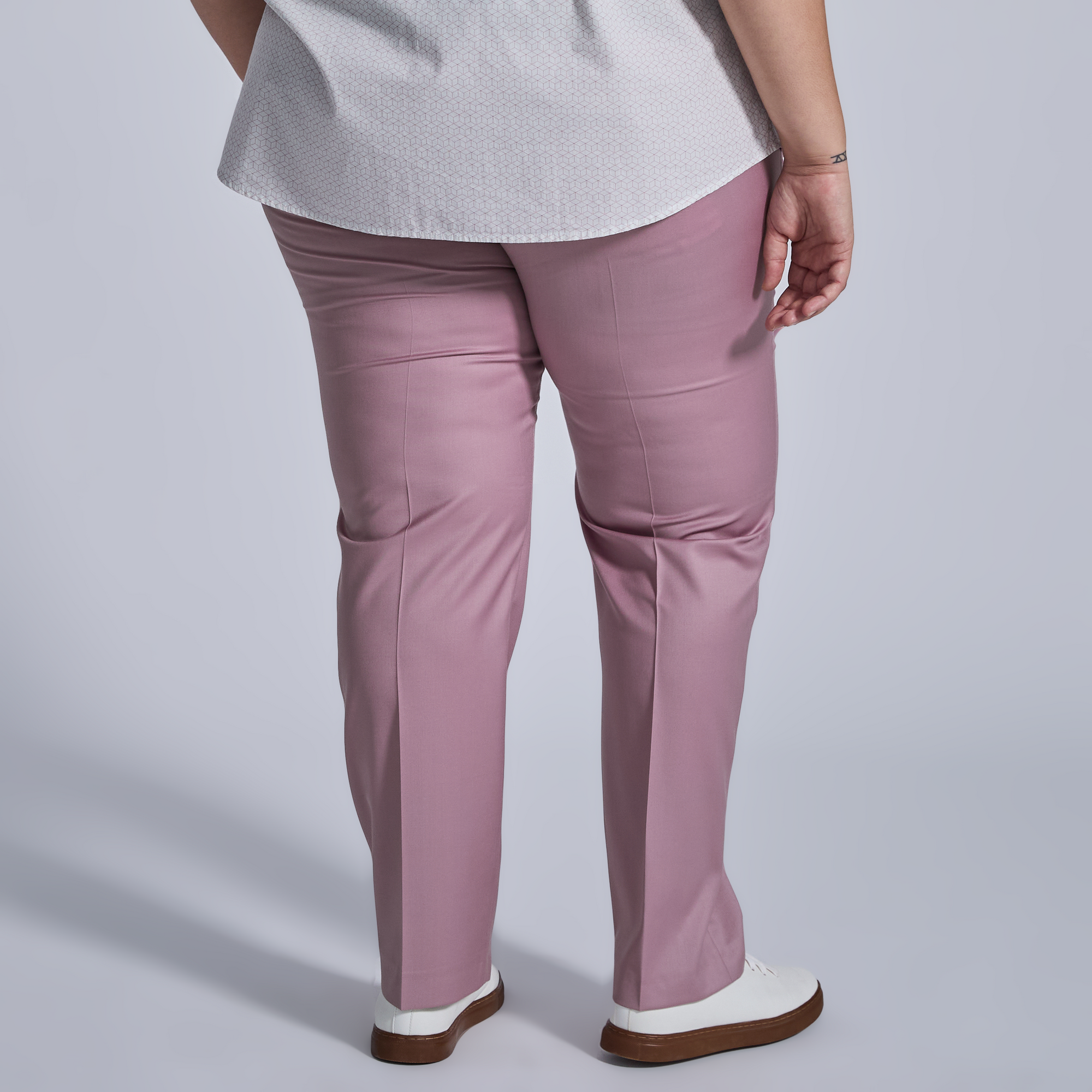 Mauve Dress Pants with white short sleeve shirt. Color: Dusty Mauve