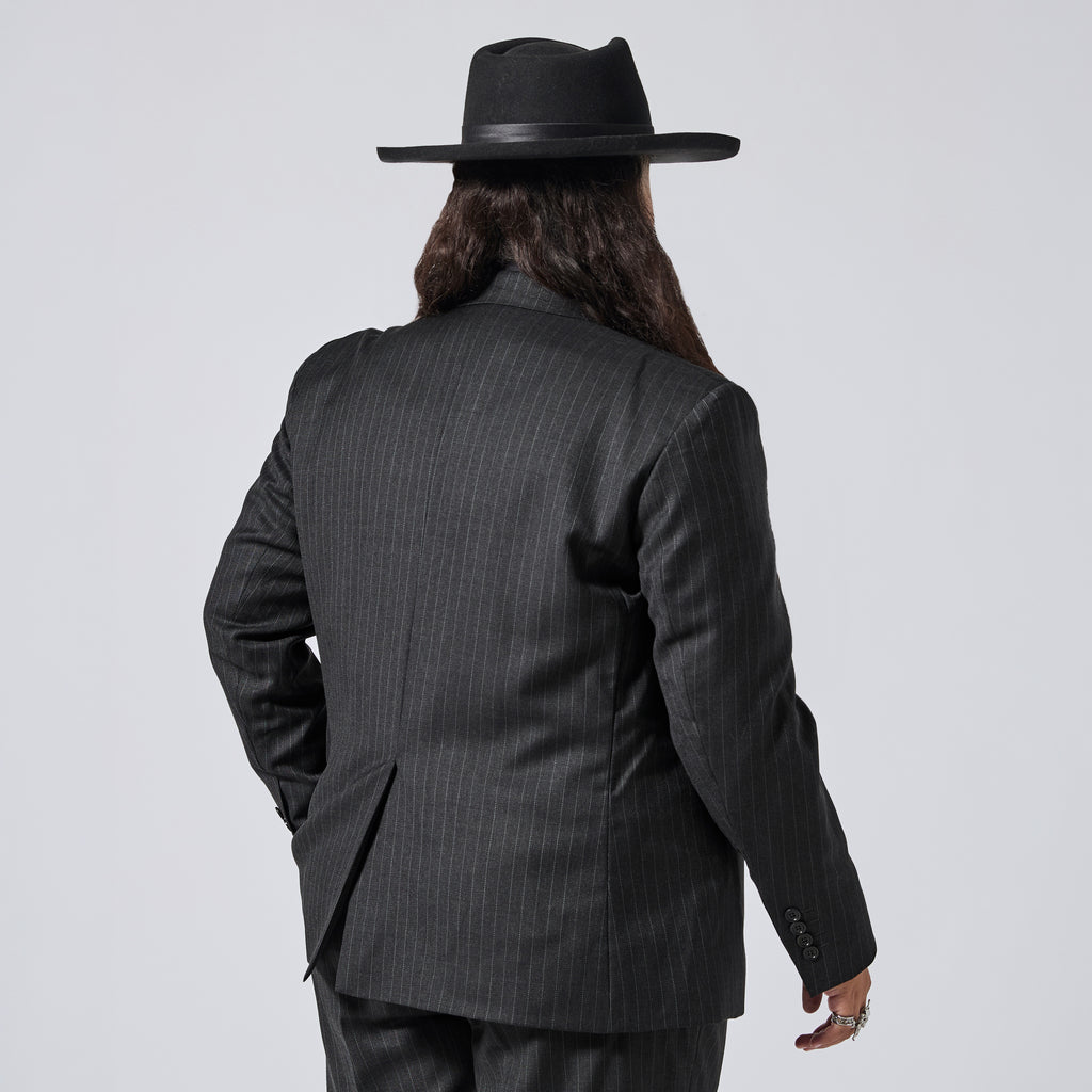 A person shown from the back wearing a dark charcoal pinstripe suit, a black wide-brim fedora hat, and long dark hair, photographed against a light gray studio background. Color: Shadow Pinstripe