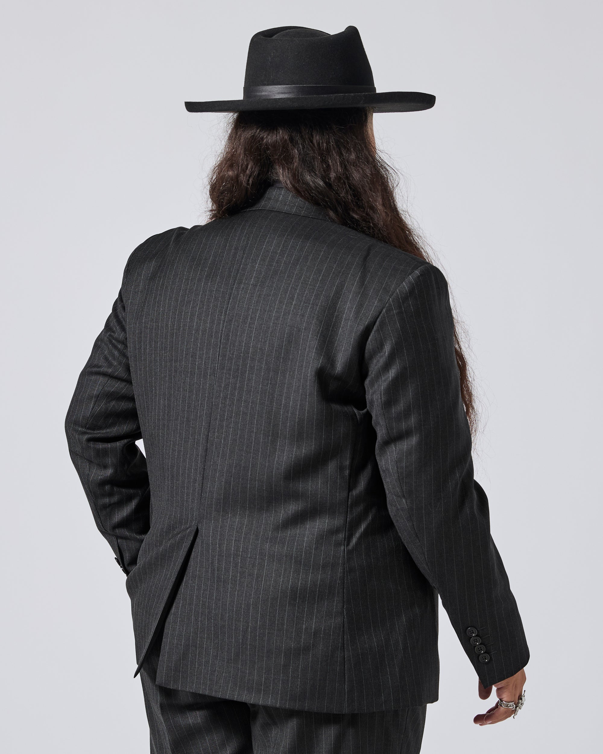 A person shown from the back wearing a dark charcoal pinstripe suit, a black wide-brim fedora hat, and long dark hair, photographed against a light gray studio background. Color: Shadow Pinstripe