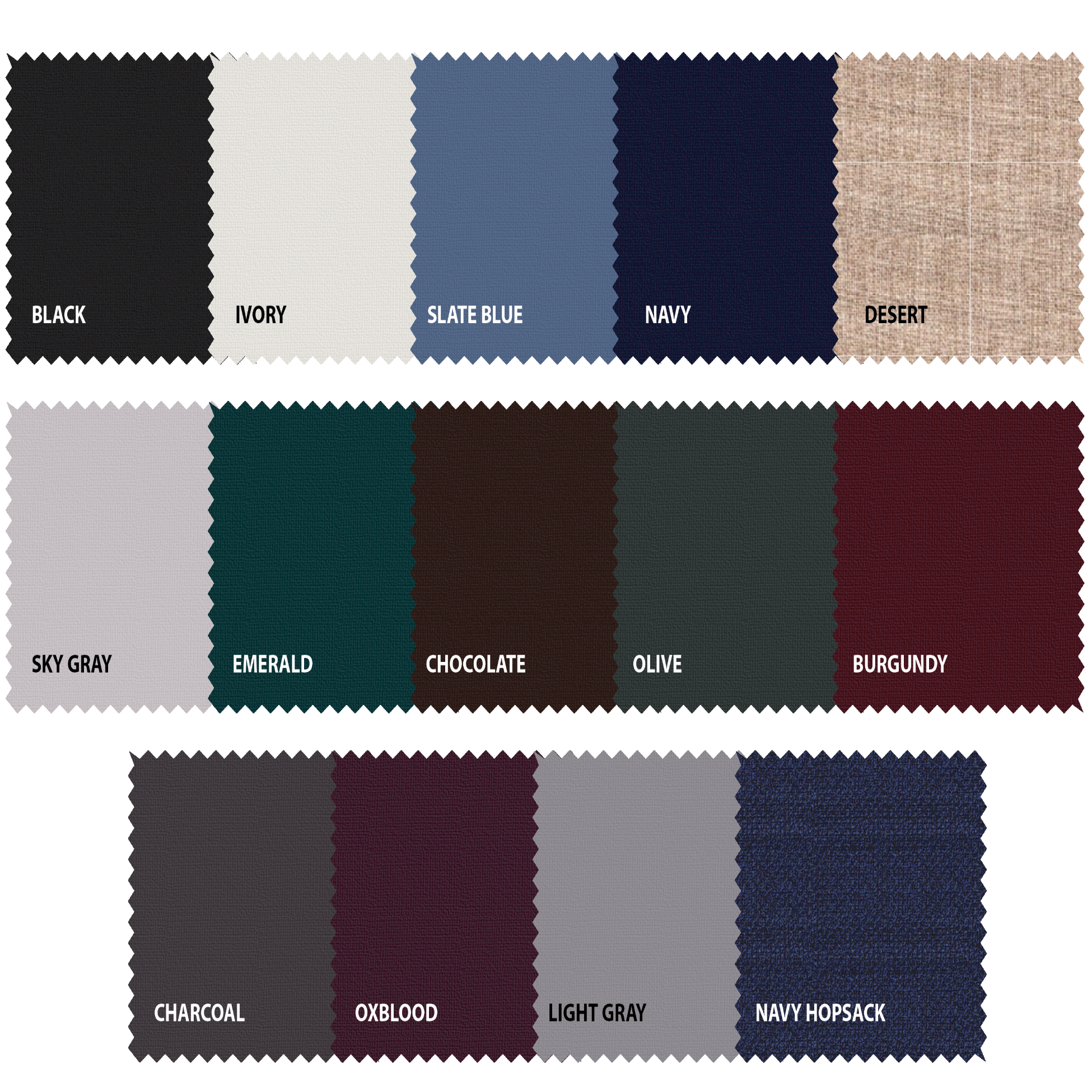 Color swatch chart with various fabric colors and textures.
