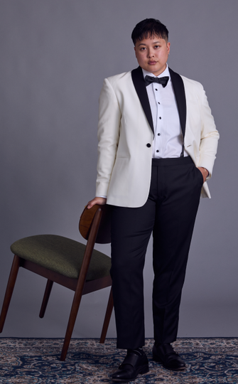 Satin Trimmed Sleek Shawl Collar on Ivory Tuxedo Jacket