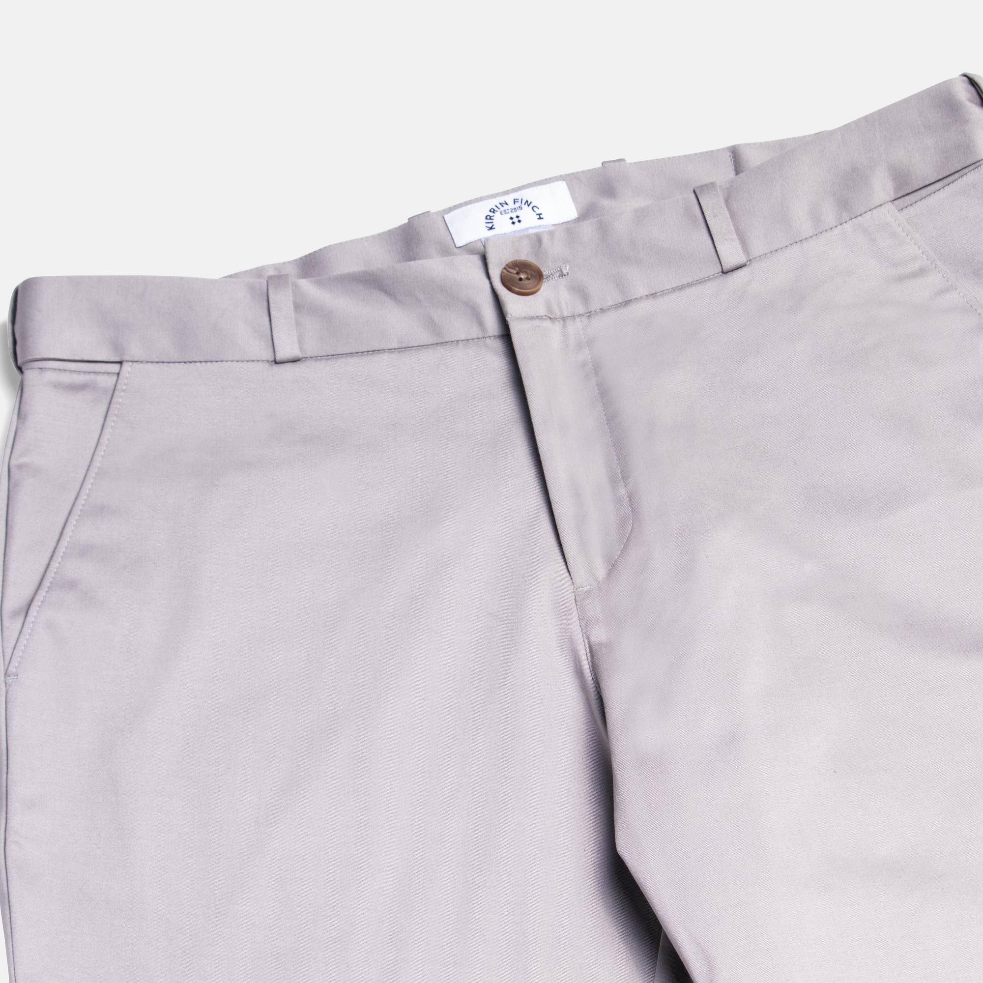 Light gray chinos  on a white background. Made by Kirrin Finch.