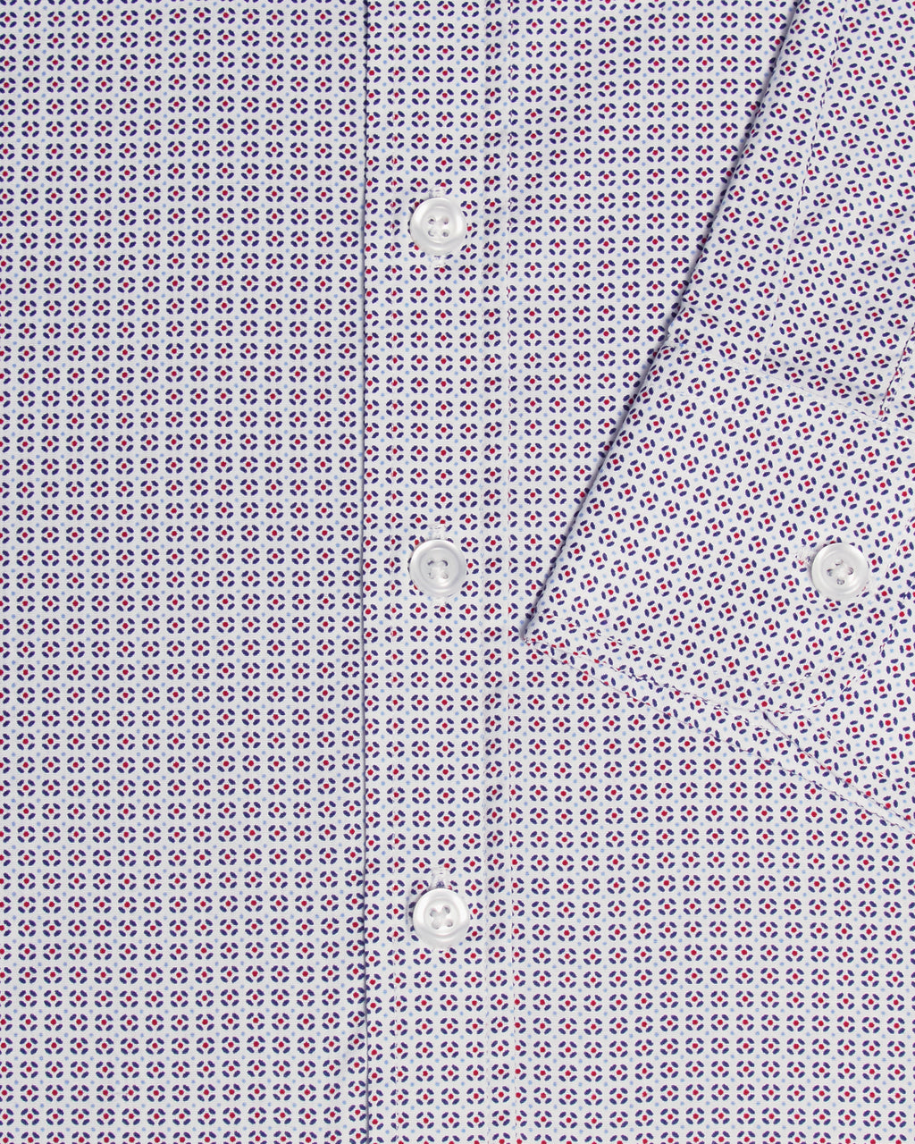 Close-up of a button-down shirt fabric with a small repeating geometric pattern in purple and red on a white base, showing the sleeve cuff and front buttons. Color: Navy Rosette