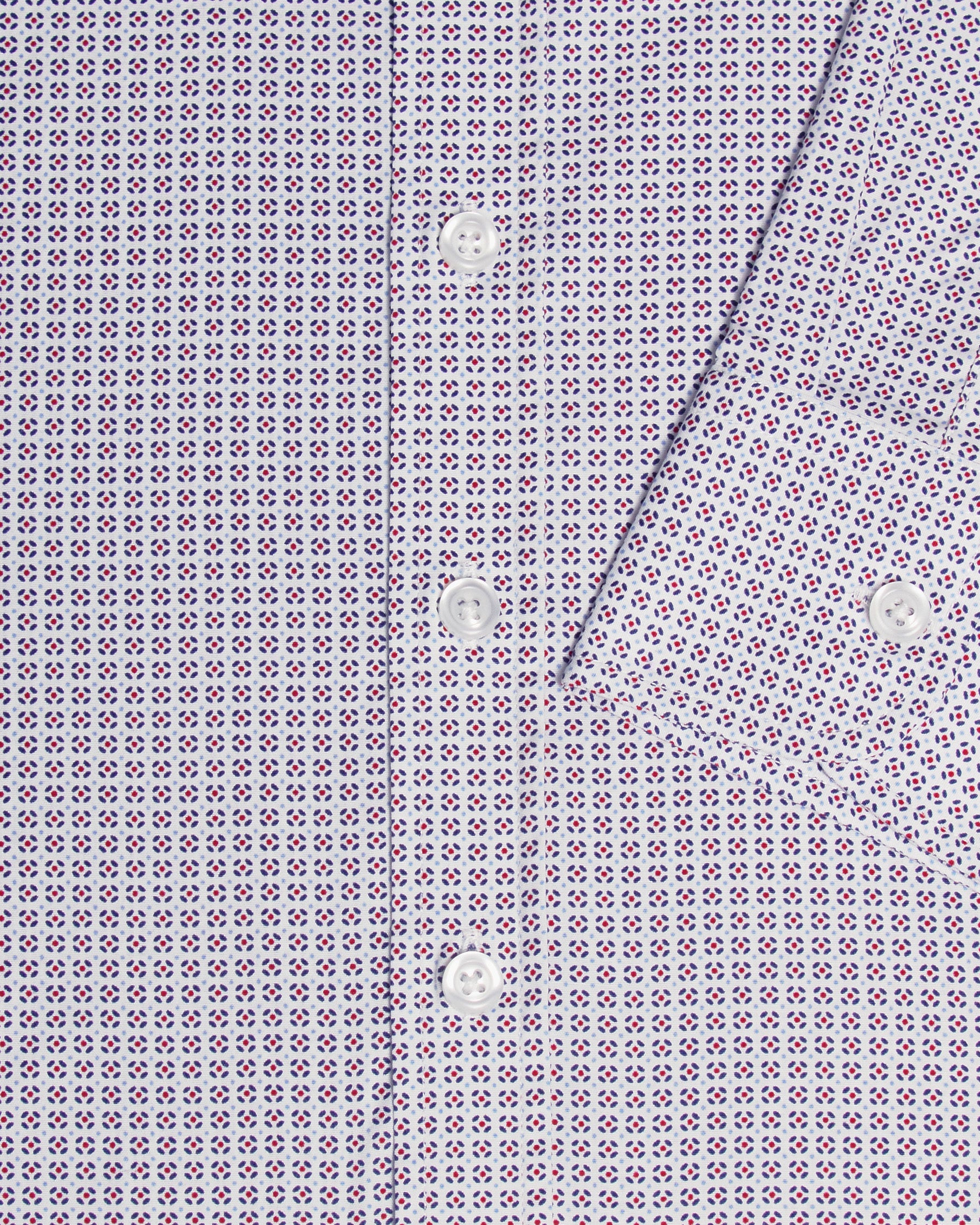 Close-up of a button-down shirt fabric with a small repeating geometric pattern in purple and red on a white base, showing the sleeve cuff and front buttons. Color: Navy Rosette