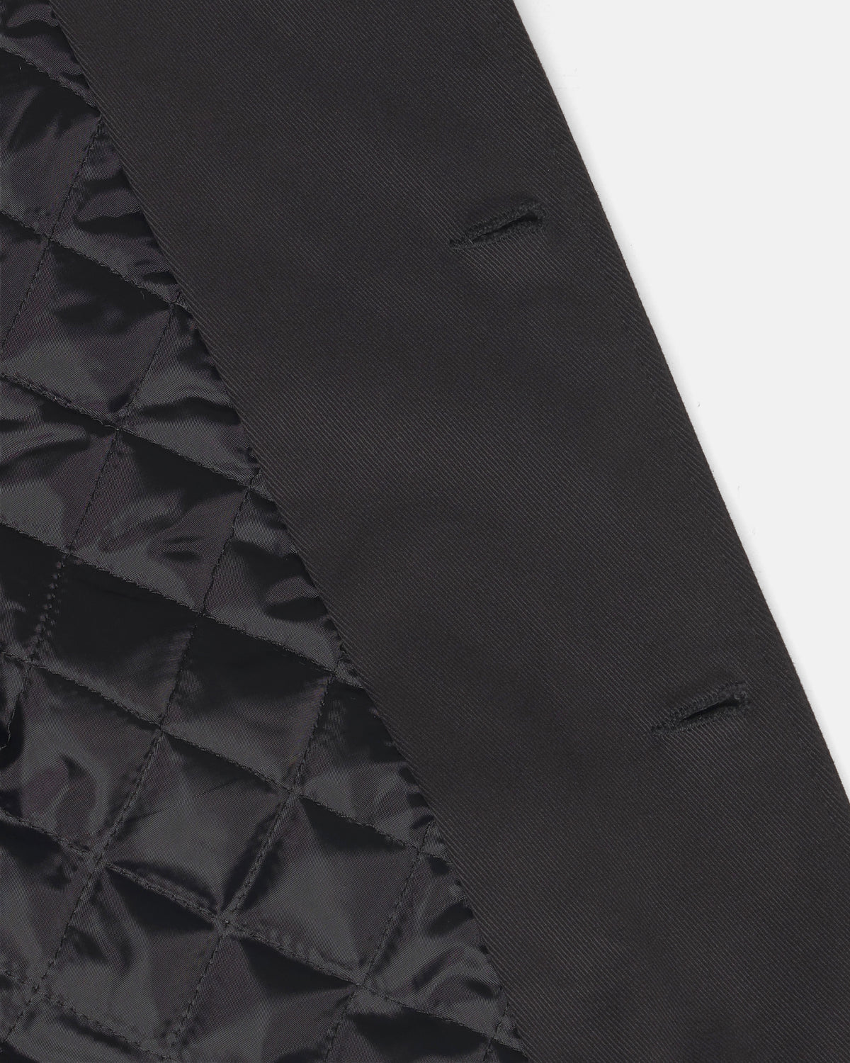 Close-up detail of a black quilted fabric panel meeting a smooth black woven fabric panel, showing texture and stitching on the Raven Quilted Jacket.