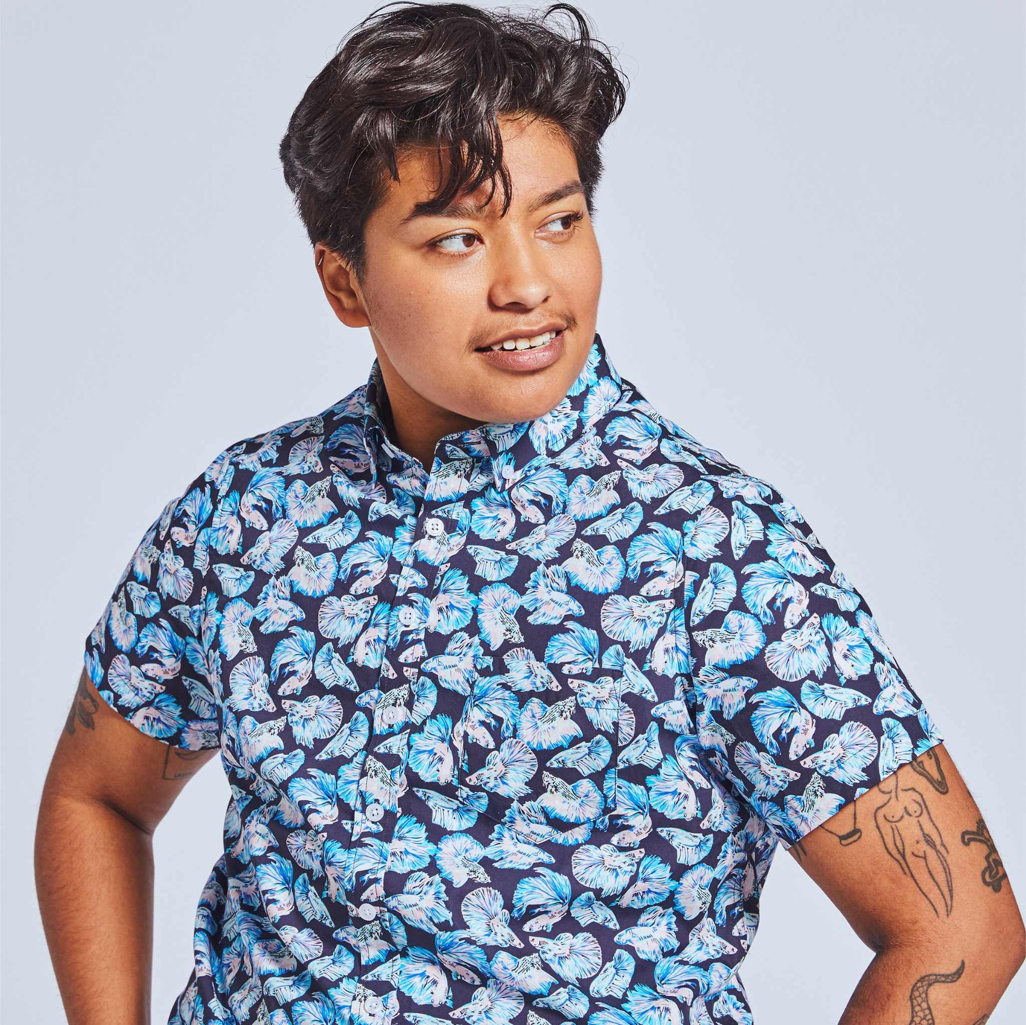 masc model in summer short sleeve button up shirt 