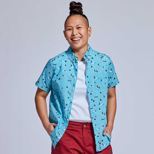 androgynous short sleeve button up shirt in surfer print