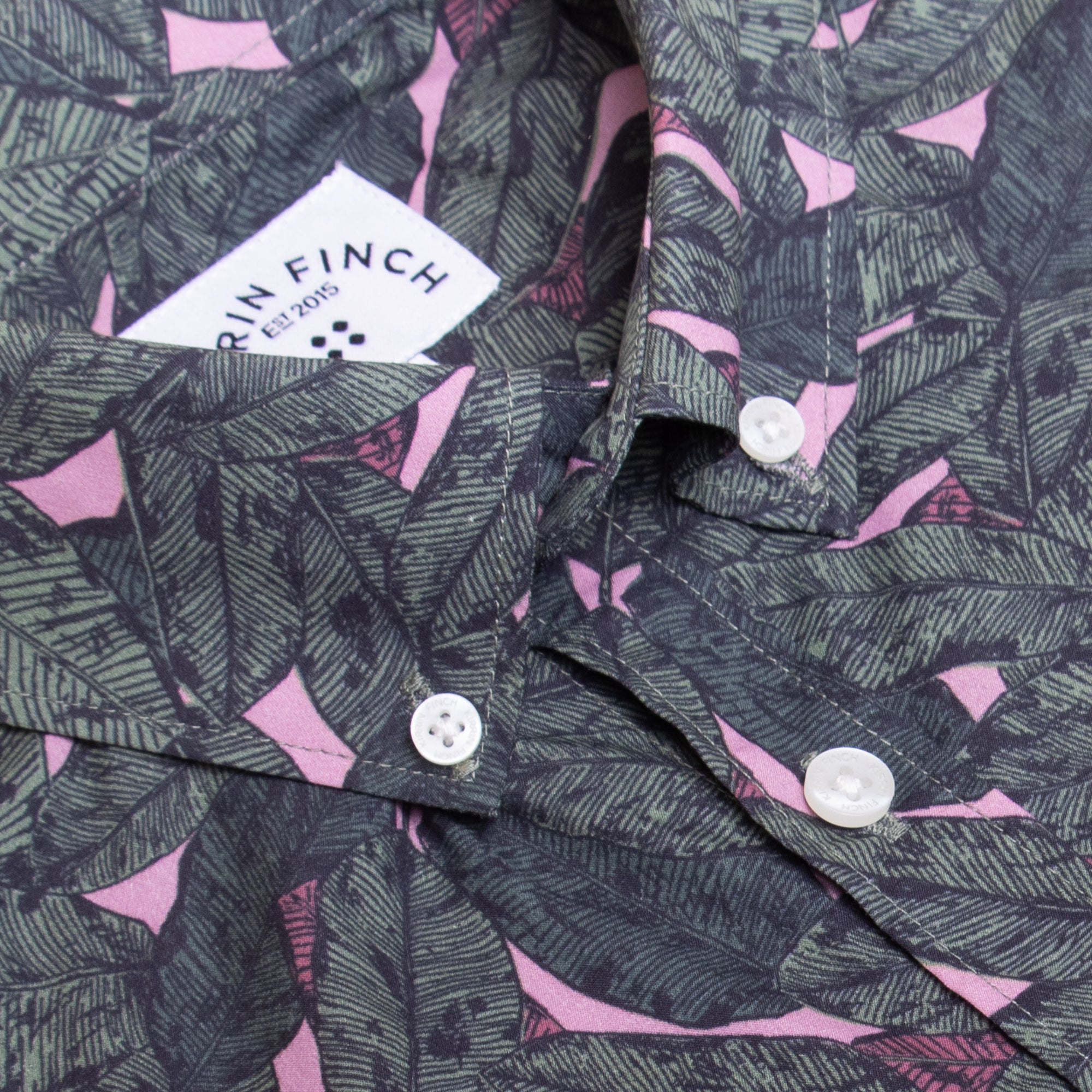 Banan Leaf Print button down shirt for women, trans, masc, and non-binary folks. Color: Banana Leaf