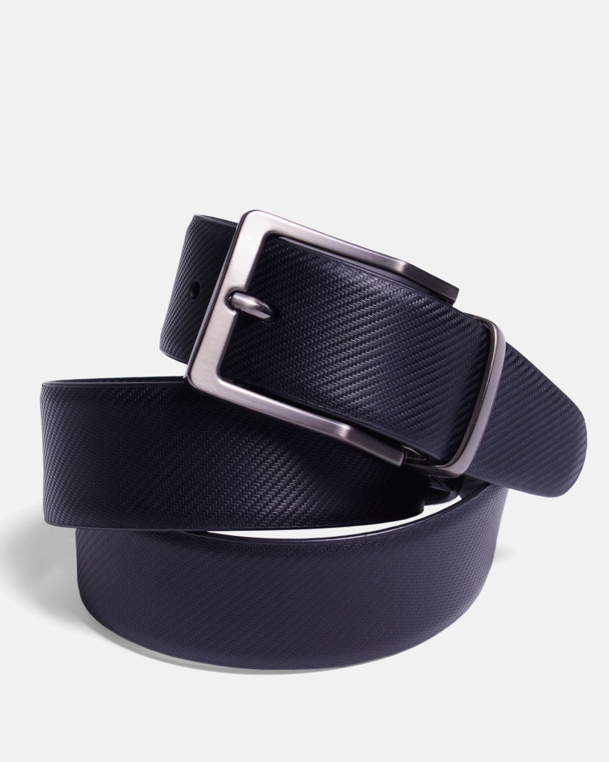 A textured black belt with a polished silver-tone metal buckle, coiled on a light gray background. Color: Black Twill/Brown Twill