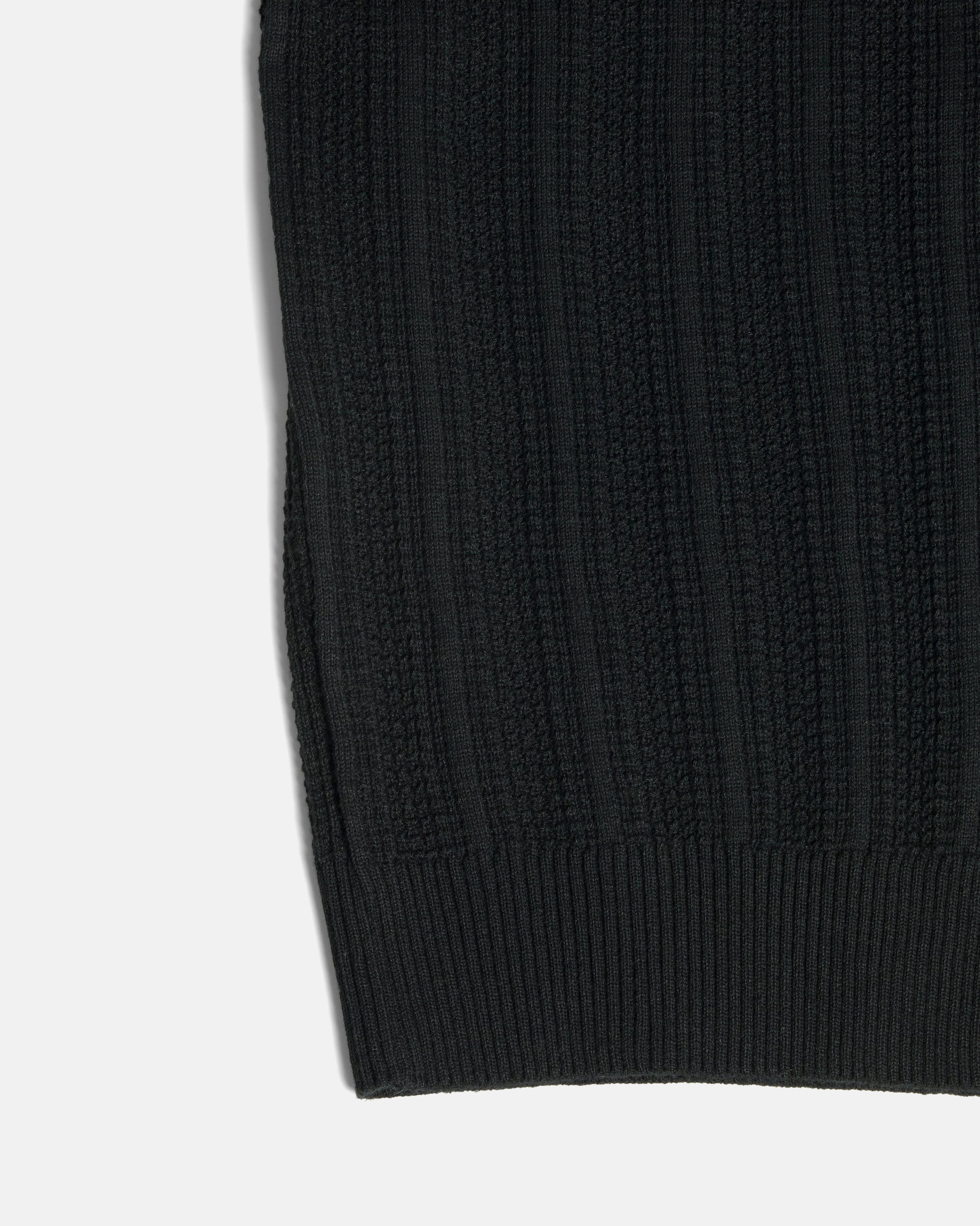 Close-up of a black ribbed knit fabric, showing the texture and cuff detail against a plain white background. Color: Black