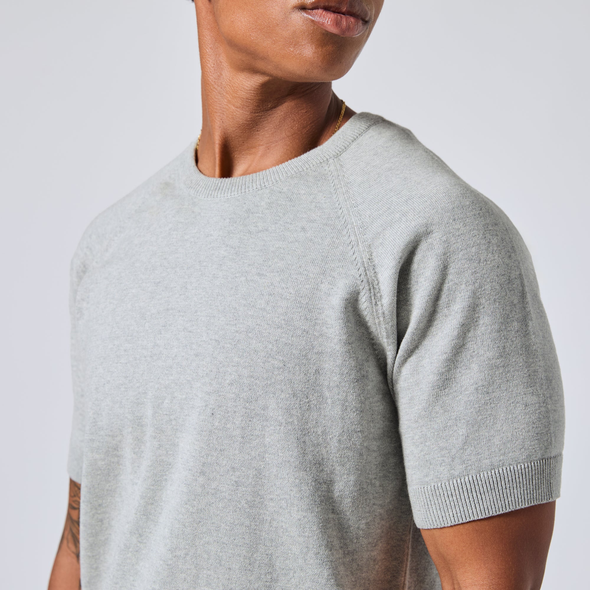 A close-up of a model wearing a light gray short-sleeve crewneck knit sweater, showing the ribbed collar, sleeve cuffs, and shoulder seams against a plain light gray background. Color: Heather Grey
