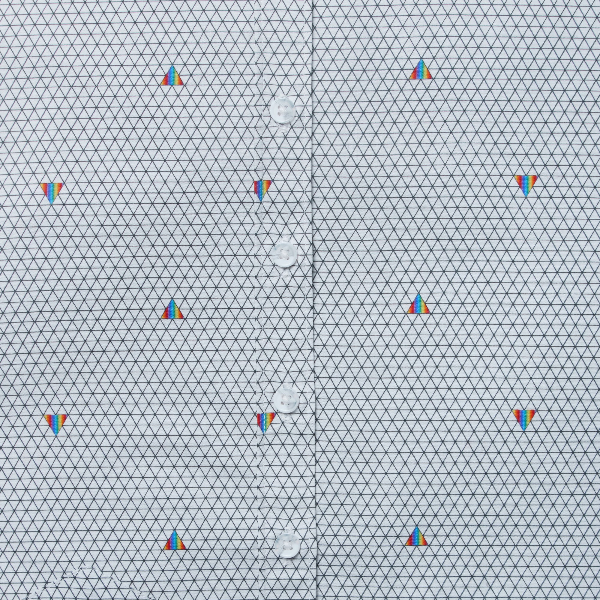 Triangle grid pattern Ray shirt with small colorful triangles made by Kirrin Finch.  Color: Pride Prism