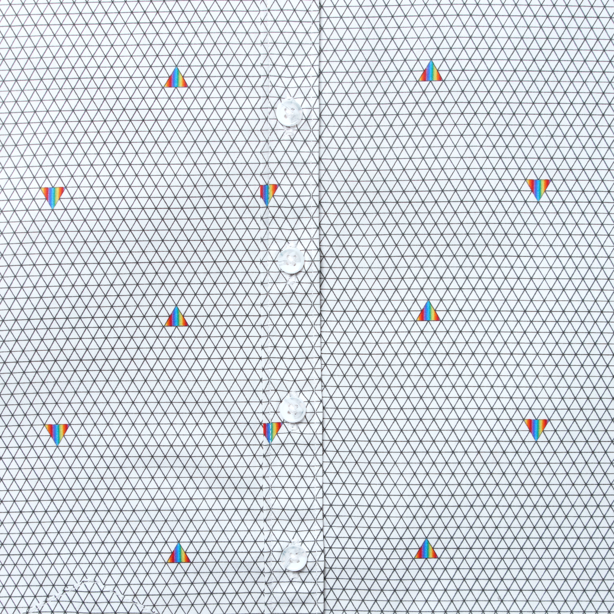 Geometric short sleeve shirt featuring pride triangles. Color: Pride Prism