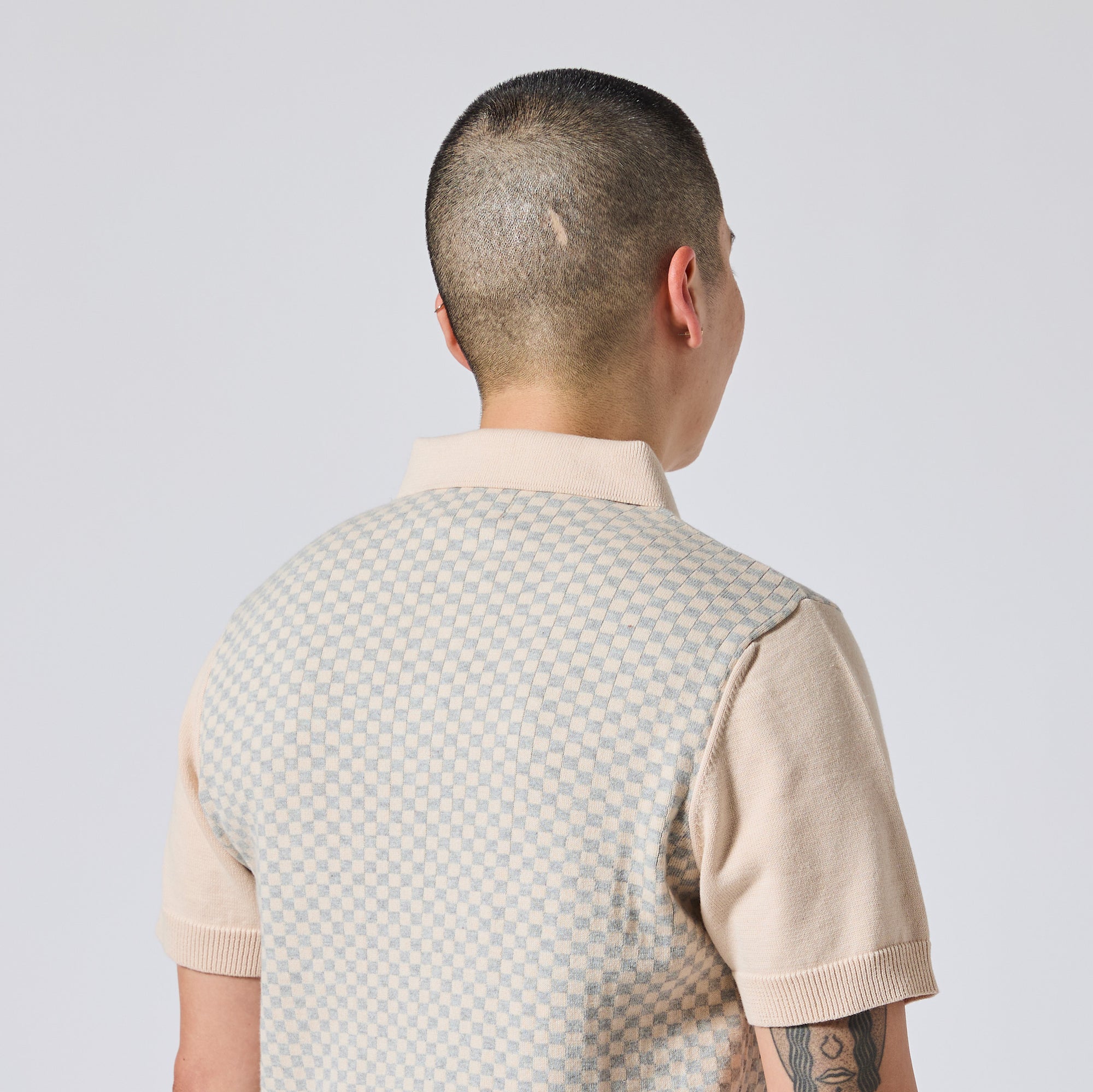 Model viewed from behind wearing a beige and light blue patterned knit polo shirt with solid beige sleeves, set against a plain light gray studio background. Color: Saltstone Checker
