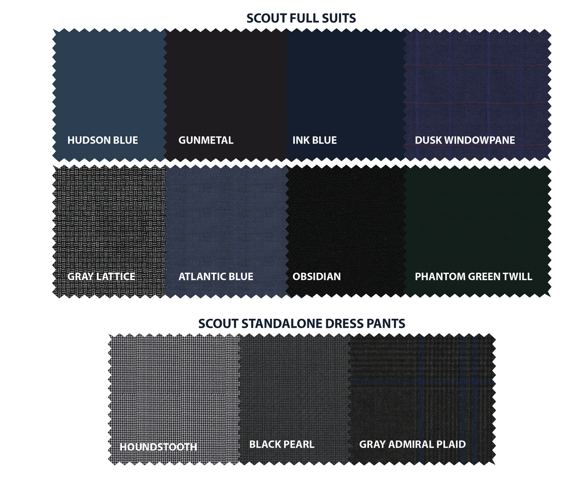 Fabric color swatches for the Scout suit line.