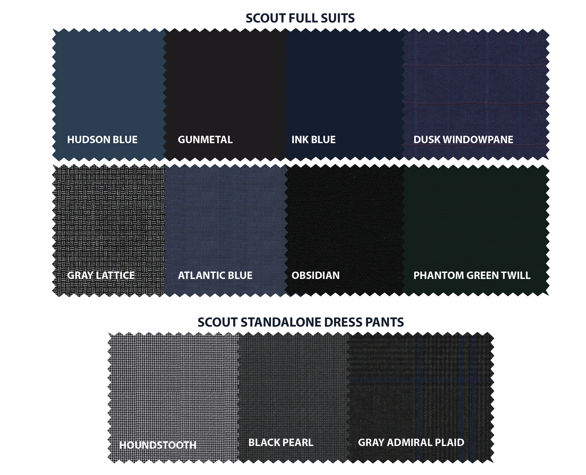 Fabric color swatches for the Scout suit line.