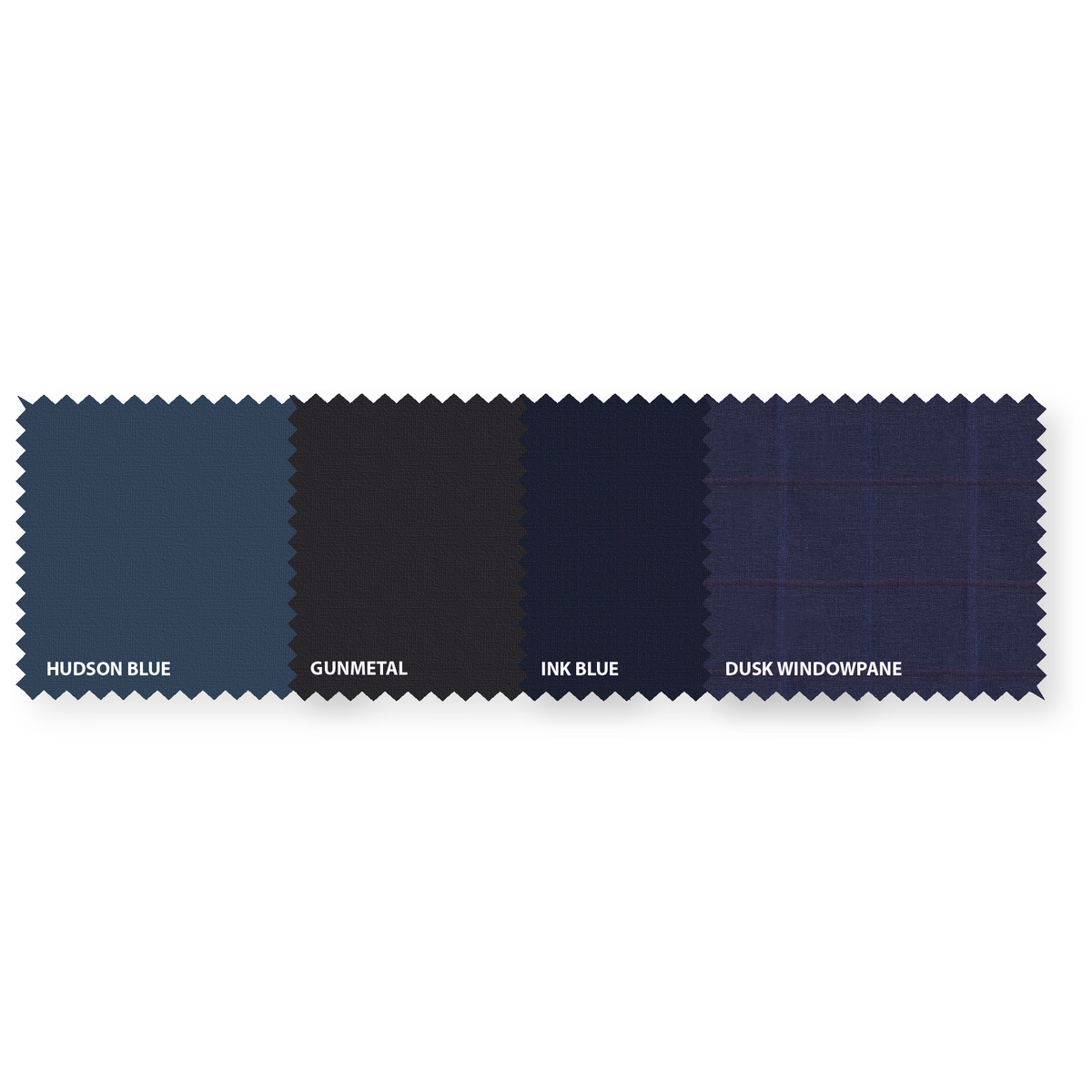 Fabric color swatch with Hudson Blue, Gunmetal, Ink Blue, and Dusk Windowpane labels on a white background.