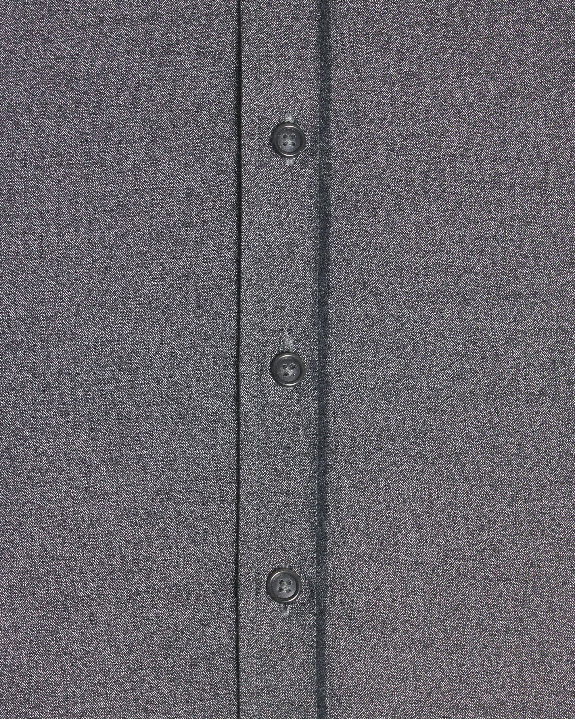 Close-up of a dark gray textured fabric garment showing a vertical button placket with four dark buttons. Color: Steel Marl Herringbone