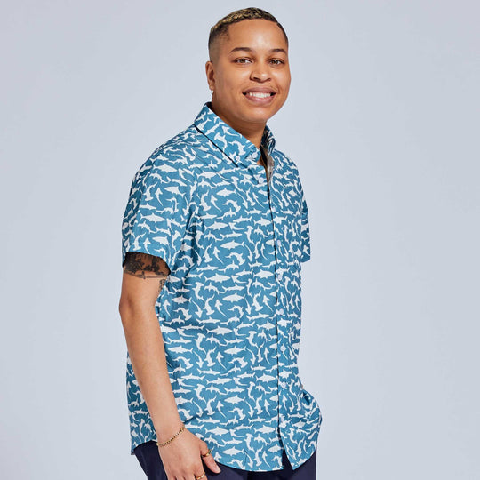gender neutral clothing short sleeve button up in shark print
